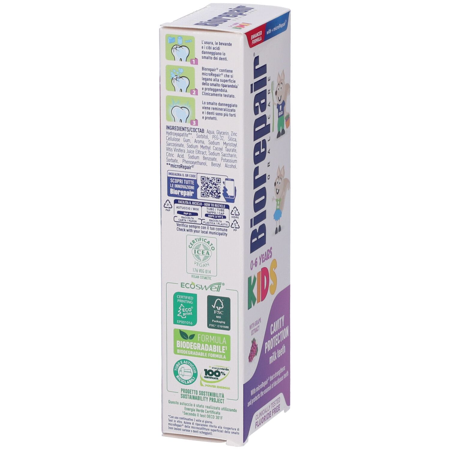 Retro confezione dentifricio Biorepair Kids. Ingredienti, certificazioni, informazioni sostenibilità e codice QR. Imballaggio verticale.
