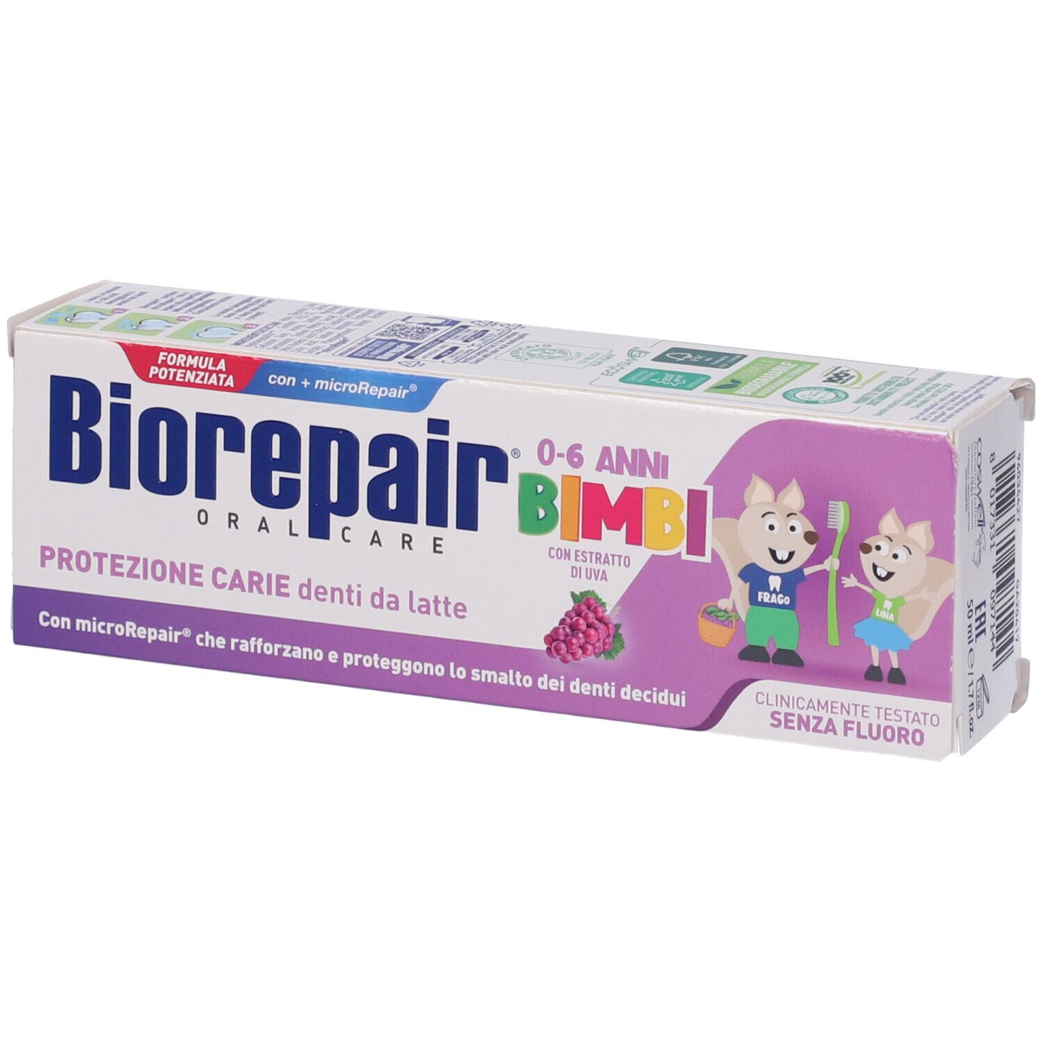 Confezione dentifricio Biorepair 0-6 Bimbi. Protezione carie denti da latte, con estratto d'uva. Senza fluoro. Orizzontale.