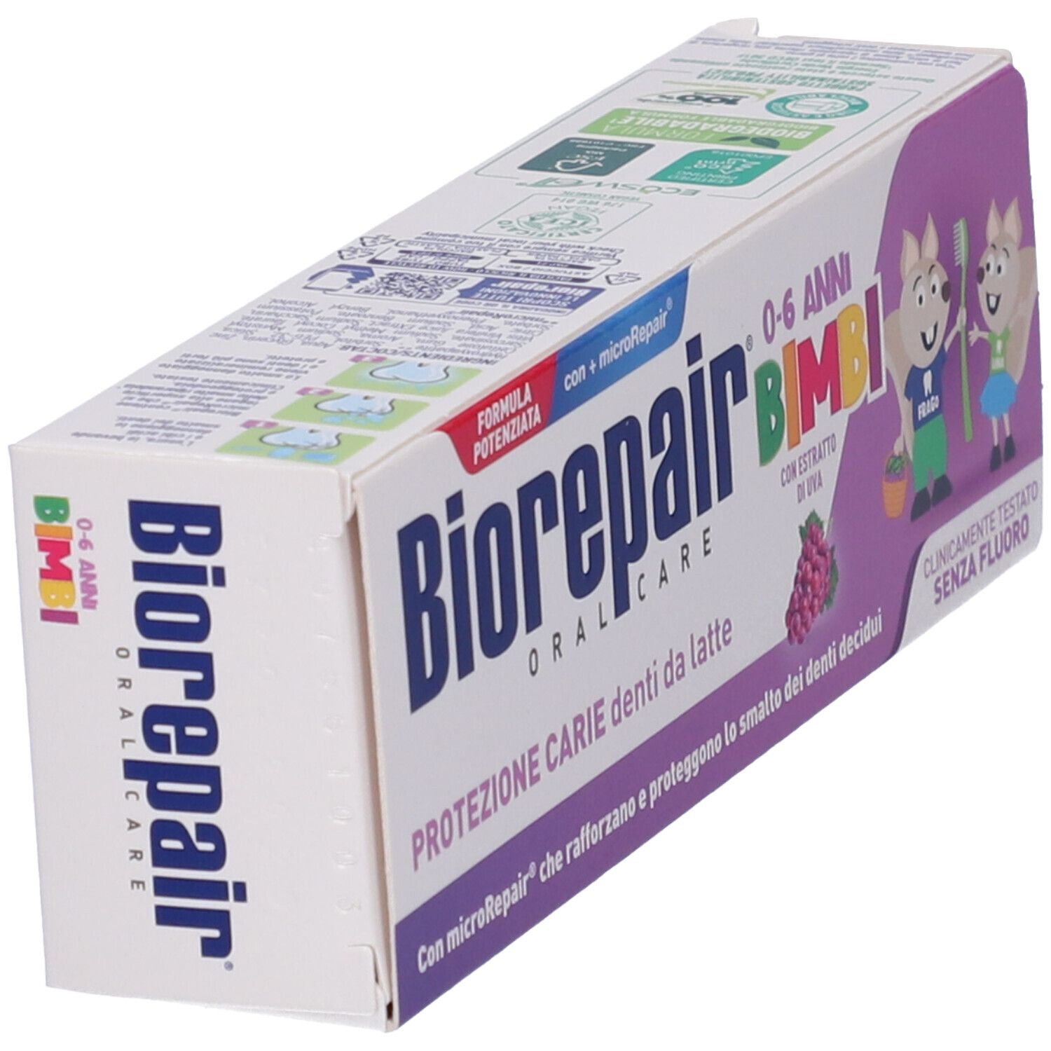 Vista obliqua confezione dentifricio Biorepair Bimbi. Scritta 0-6, protezione carie, con estratto d'uva. Senza fluoro.