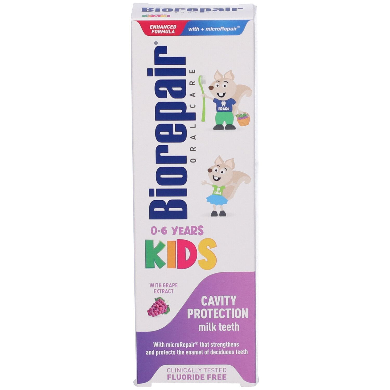 Confezione dentifricio Biorepair Kids 0-6 anni. Scritta KIDS, estratto d'uva, protezione carie, senza fluoro. Confezione verticale.