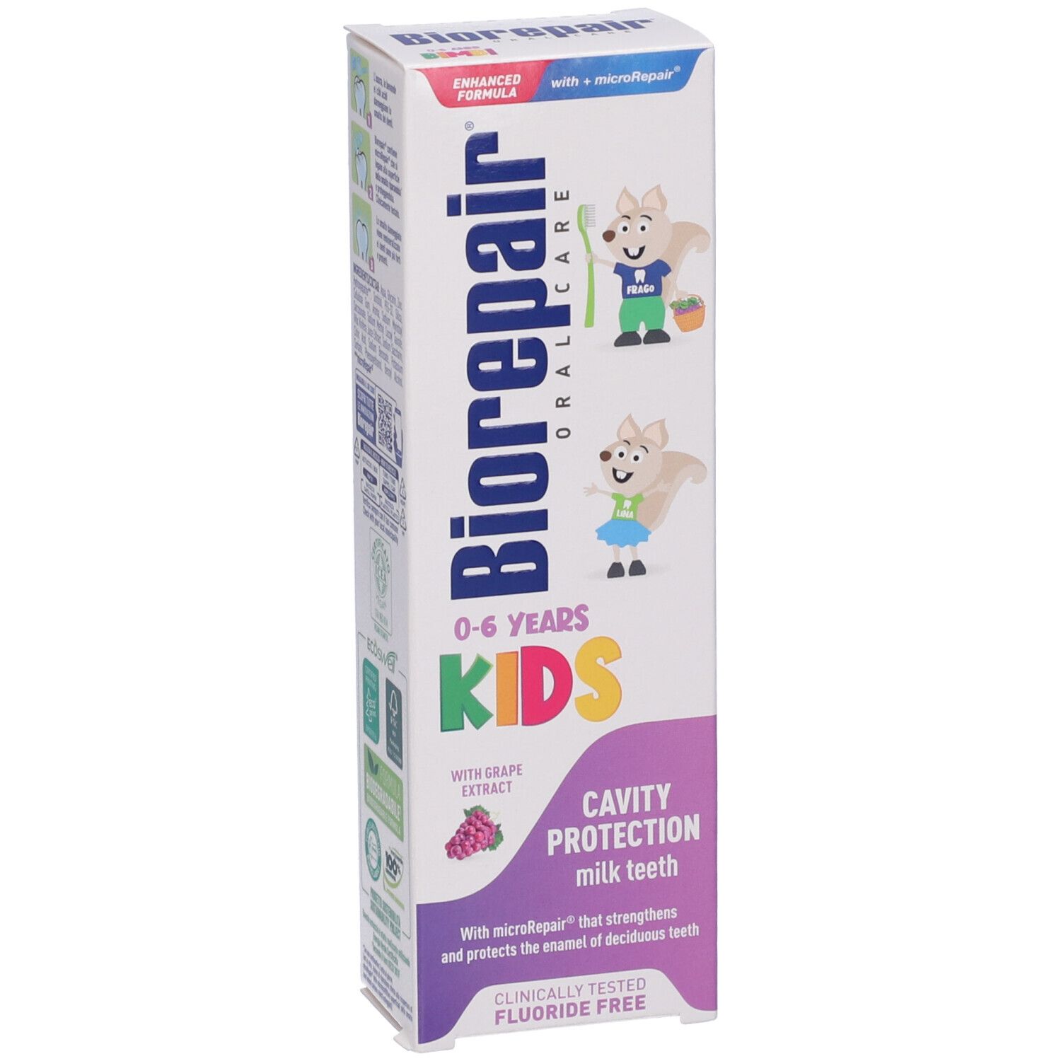 Confezione dentifricio Biorepair Kids 0-6 anni. Scritta KIDS, estratto d'uva, protezione carie, senza fluoro. Confezione verticale.