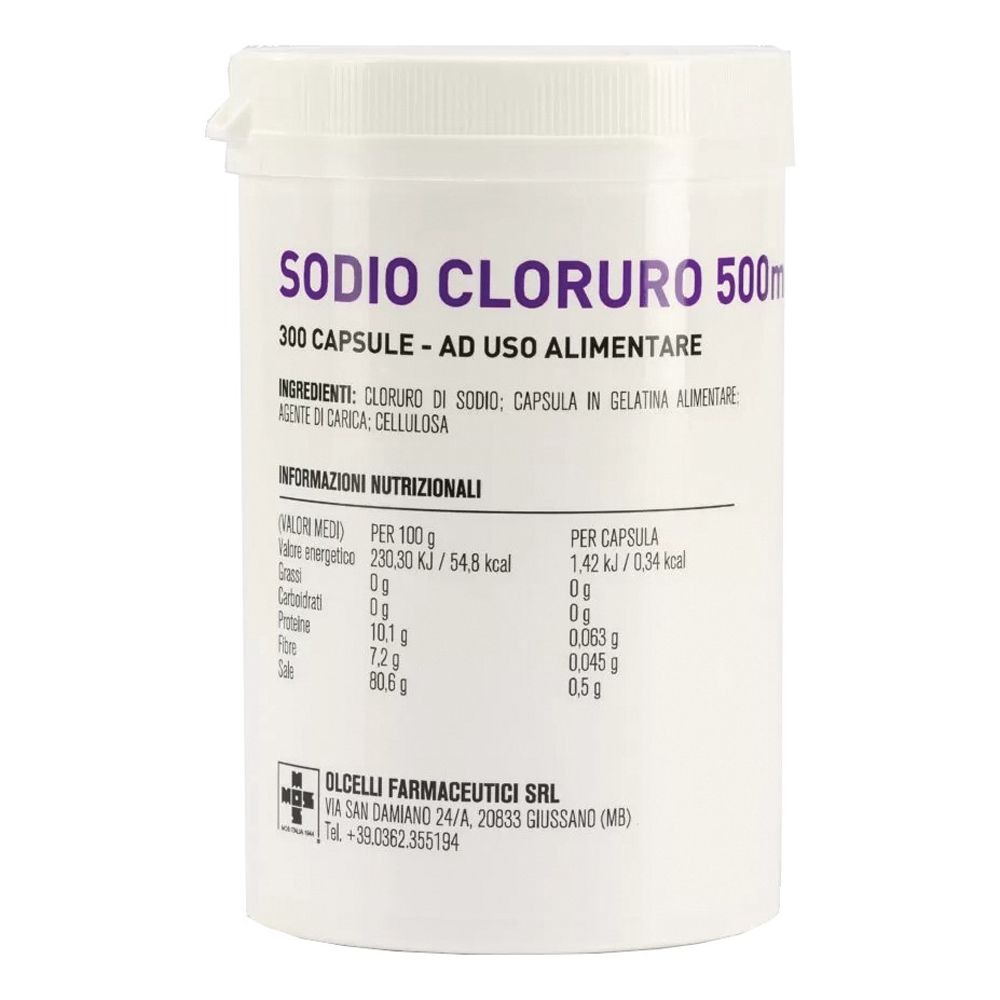 Barattolo bianco con scritta SODIO CLORURO 500mg, 300 capsule. Contiene informazioni nutrizionali e ingredienti. Logo del produttore in basso.
