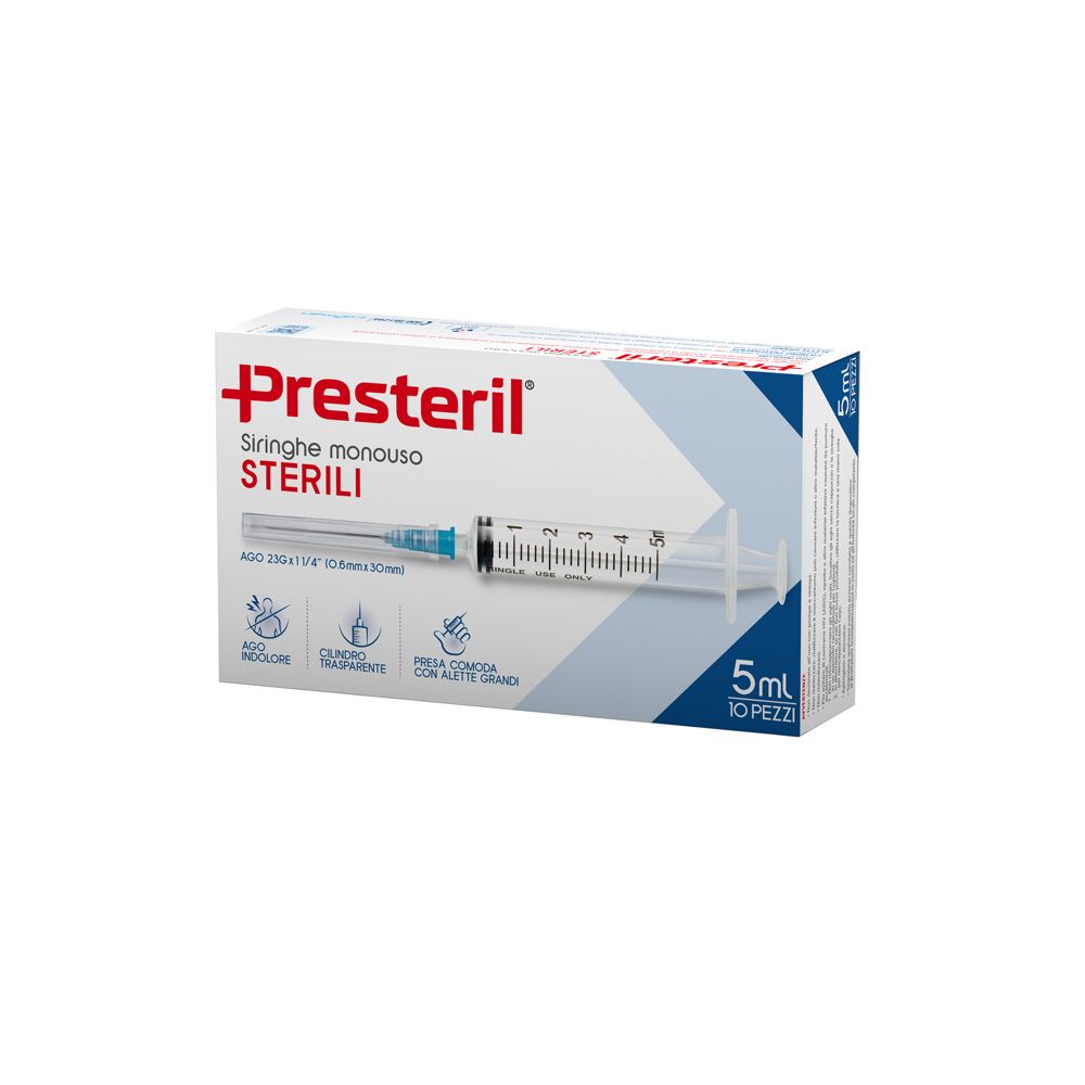Packung mit 10 sterilen 5ml Spritzen von Presteril.