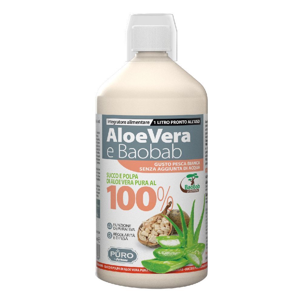 Bottiglia di Aloe Vera e Baobab. Tappo bianco. Scritta: 100% Aloe Vera, gusto pesca bianca. Illustrazione di aloe vera e baobab.