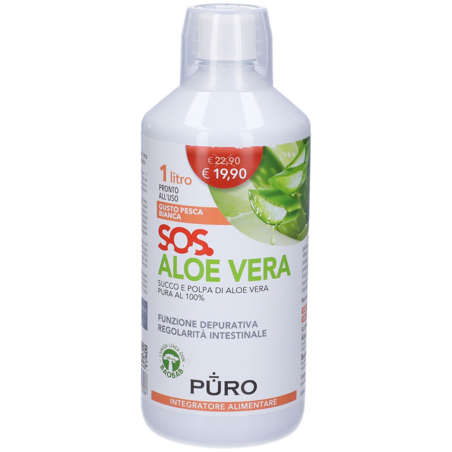 Bottiglia bianca con etichetta rossa. Scritta: SOS Aloe Vera, 1 litro, gusto pesca bianca. Prezzo: 19,90 €. Illustrazione di aloe vera.