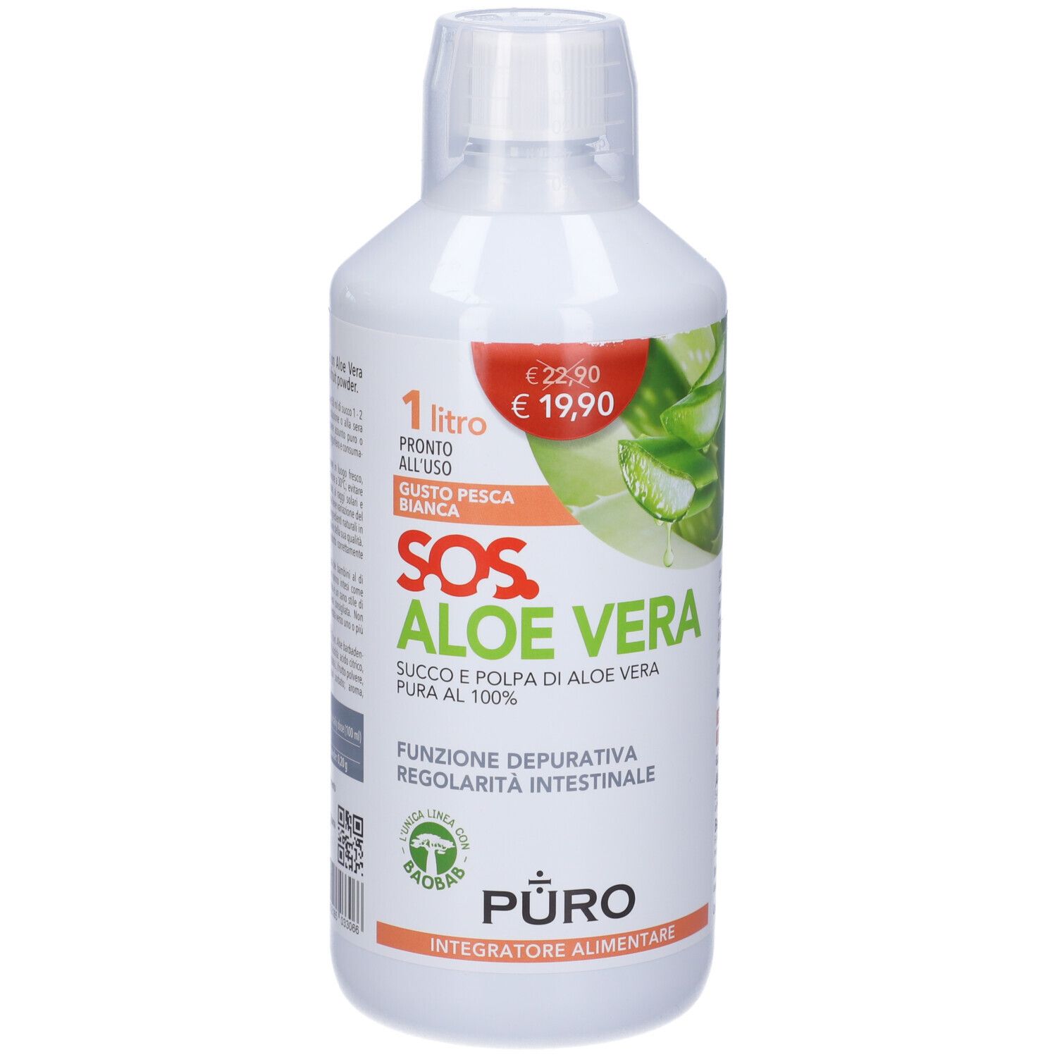 Bottiglia bianca con etichetta rossa. Scritta: SOS Aloe Vera, 1 litro, gusto pesca bianca. Prezzo: 19,90 €. Illustrazione di aloe vera.