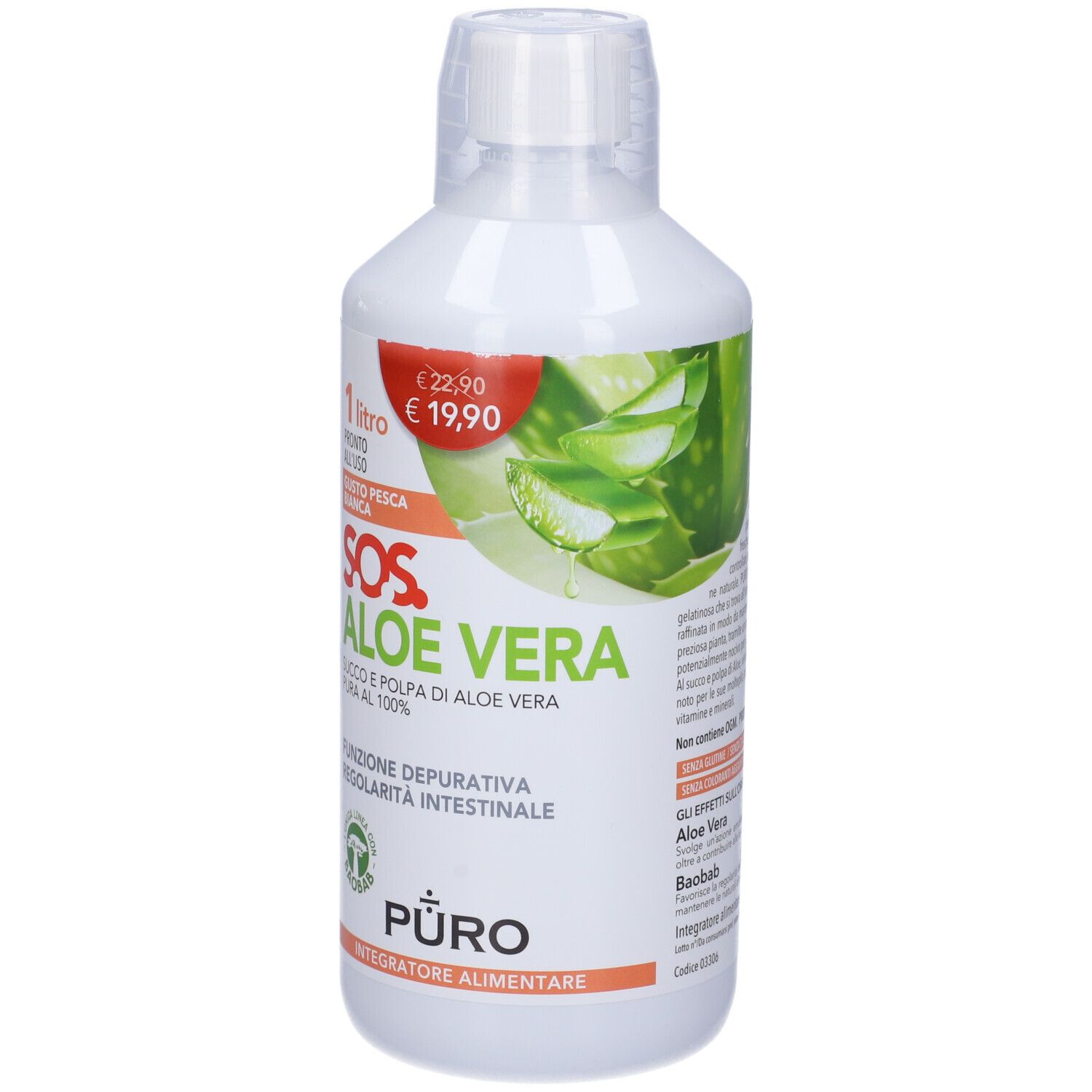 Bottiglia bianca con etichetta rossa. Scritta: SOS Aloe Vera, 1 litro, gusto pesca bianca. Prezzo: 19,90 €. Illustrazione di aloe vera.