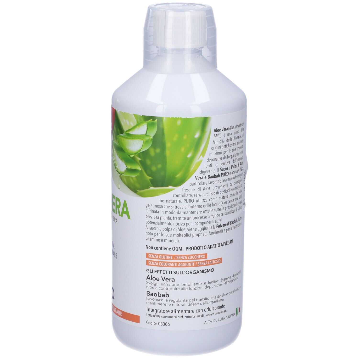 Bottiglia bianca con illustrazione verde. Scritta: Aloe Vera. Testo con informazioni sul prodotto. Logo e codice QR.