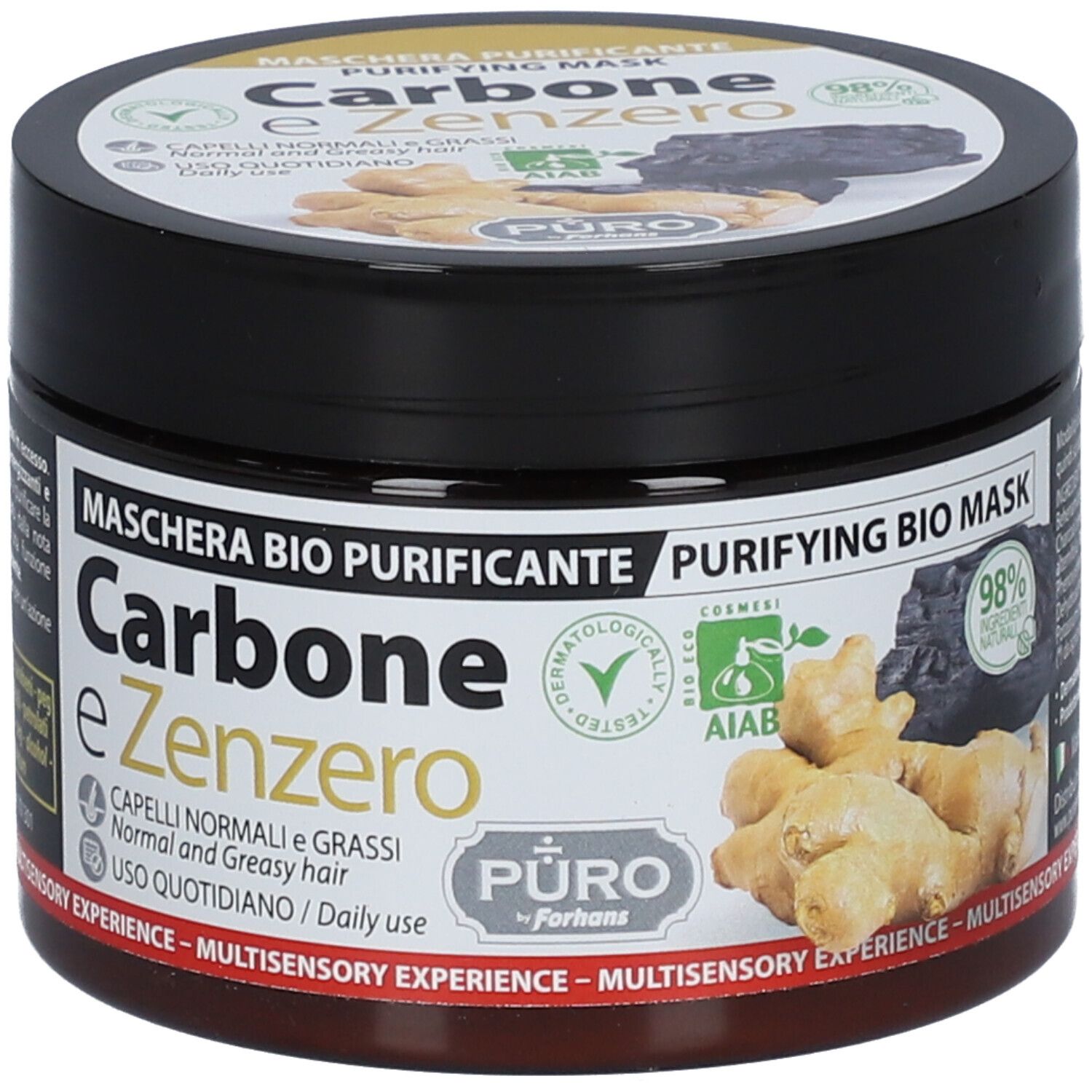 Schwarze Dose mit 'Carbone e Zenzero'. Grün-weißes Logo. Ingwer- und Kohle-Illustrationen. '98%' Aufkleber.