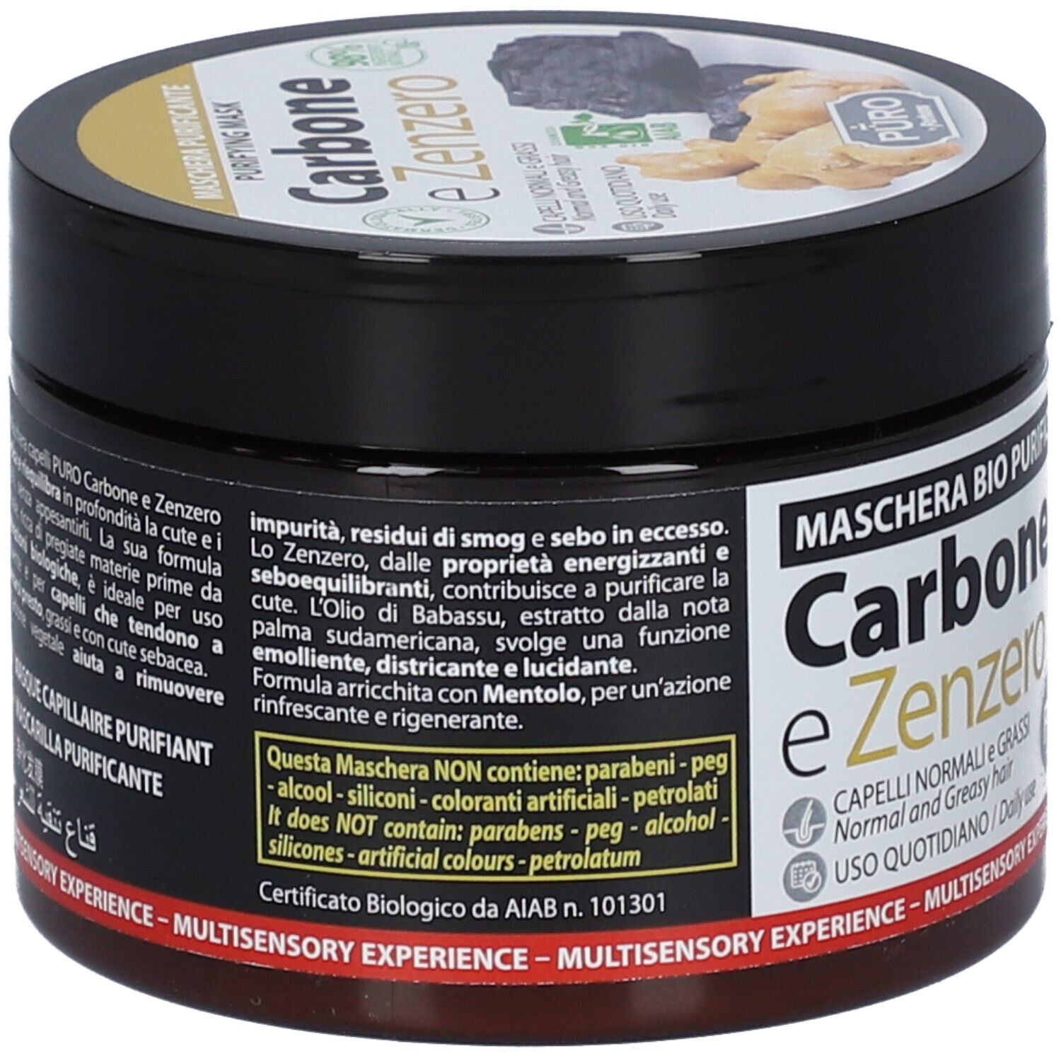 Schwarze Dose mit 'Carbone e Zenzero'. Text: 'Capelli Normali e Grassi'. Zertifizierungslogo. Text in Italienisch.