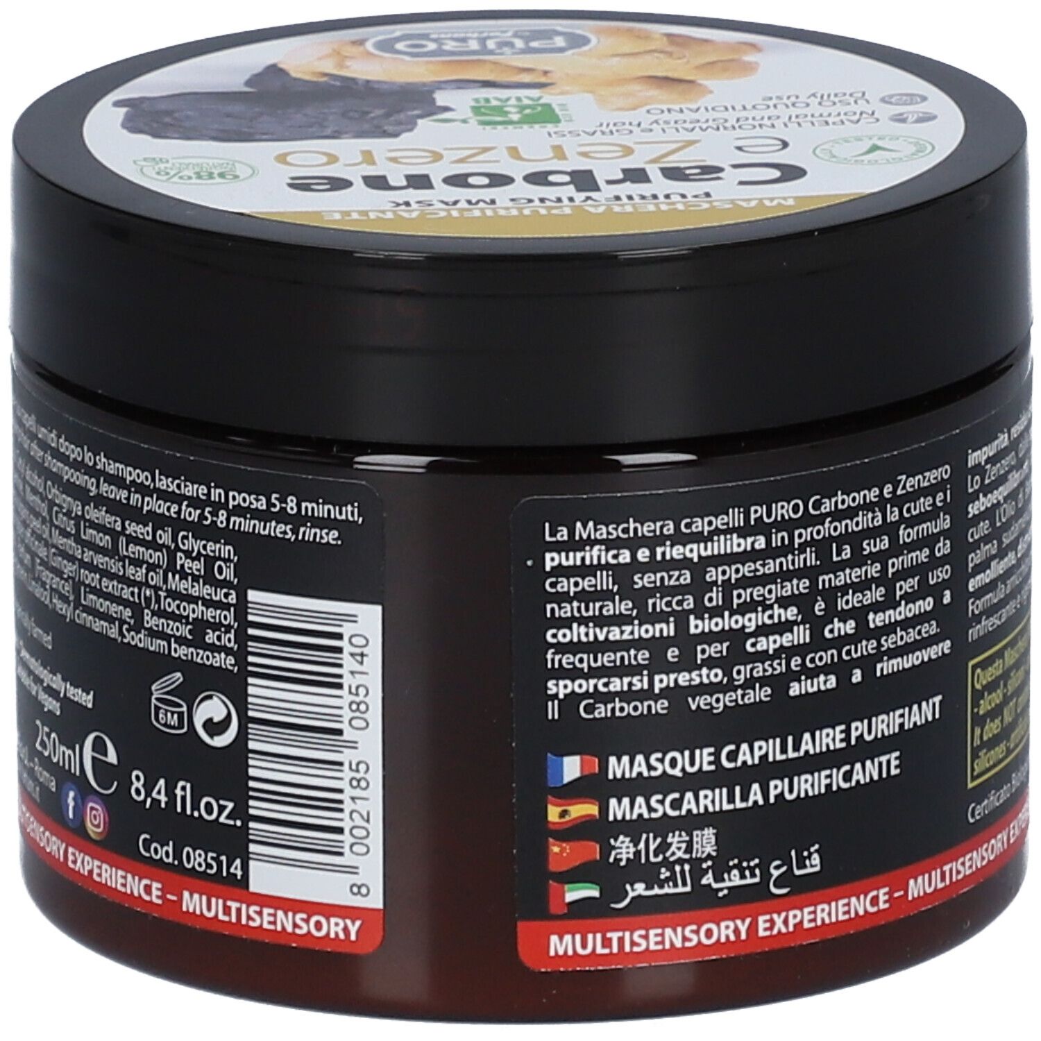 Schwarze Dose mit 'Carbone e Zenzero'. Text in Italienisch. Inhaltsstoffe und Anwendungshinweise. Zertifizierungslogo.