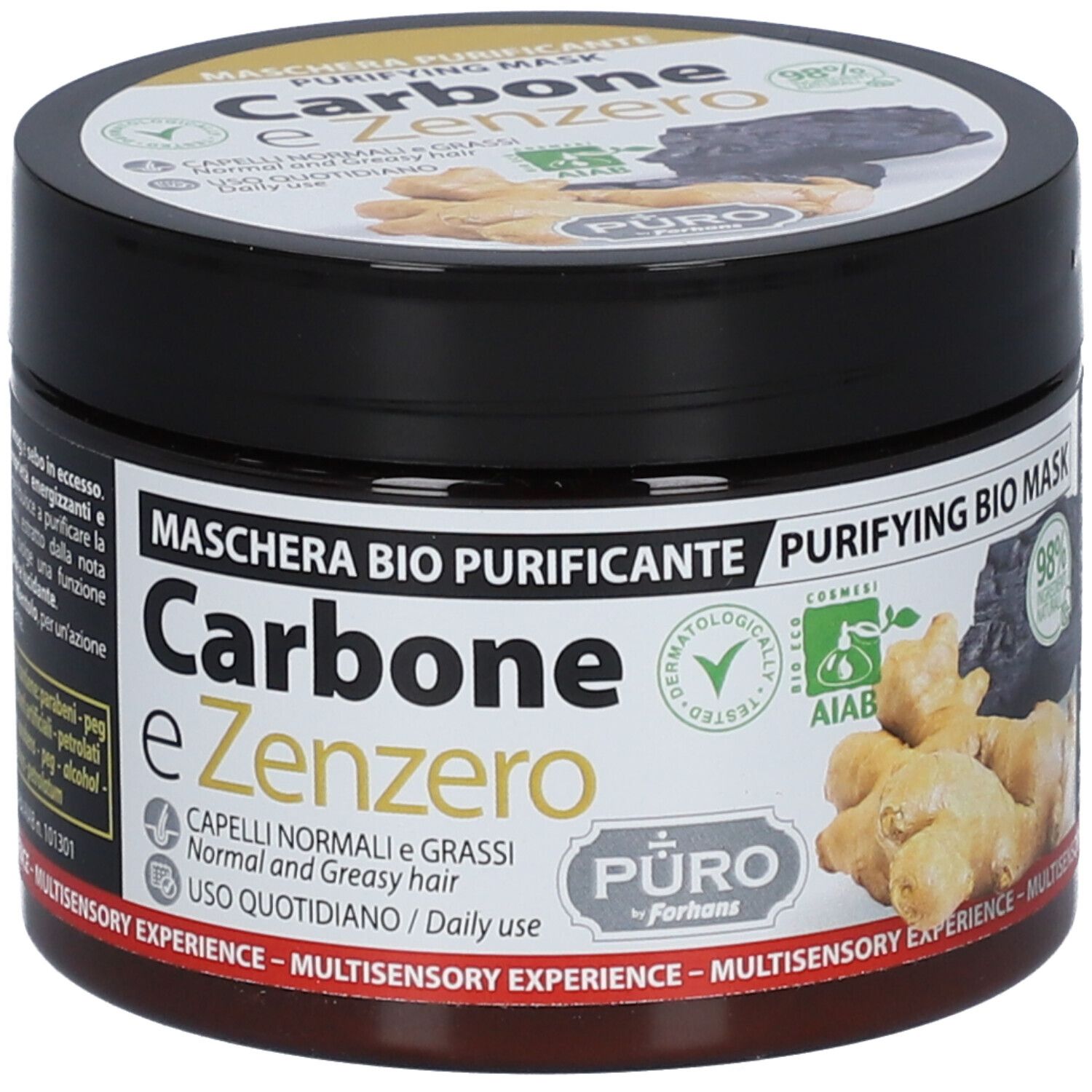 Schwarze Dose mit 'Carbone e Zenzero'. Grün-weißes Logo. Ingwer- und Kohle-Illustrationen. '98%' Aufkleber.