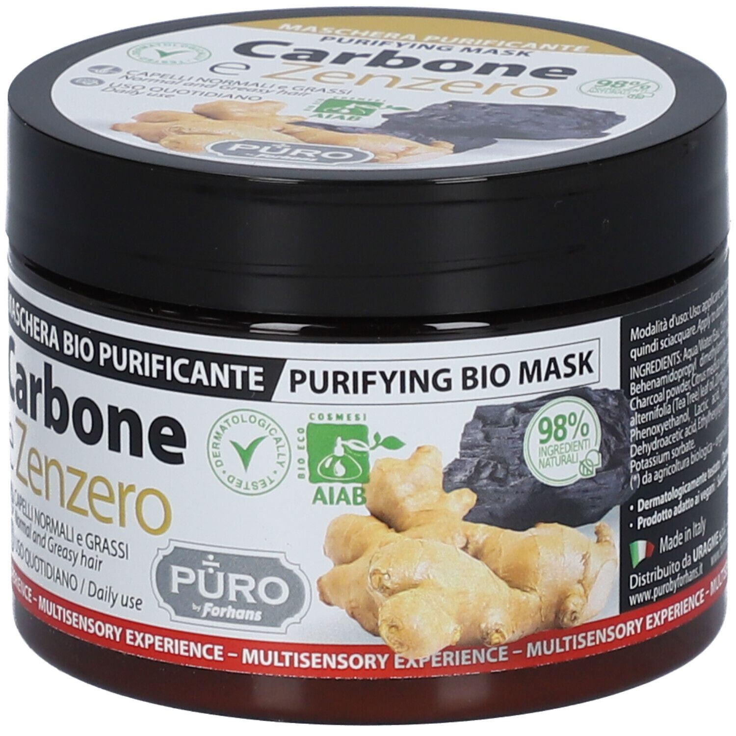 Schwarze Dose mit 'Carbone e Zenzero'. Grün-weißes Logo. Ingwer- und Kohle-Illustrationen. '98%' Aufkleber.