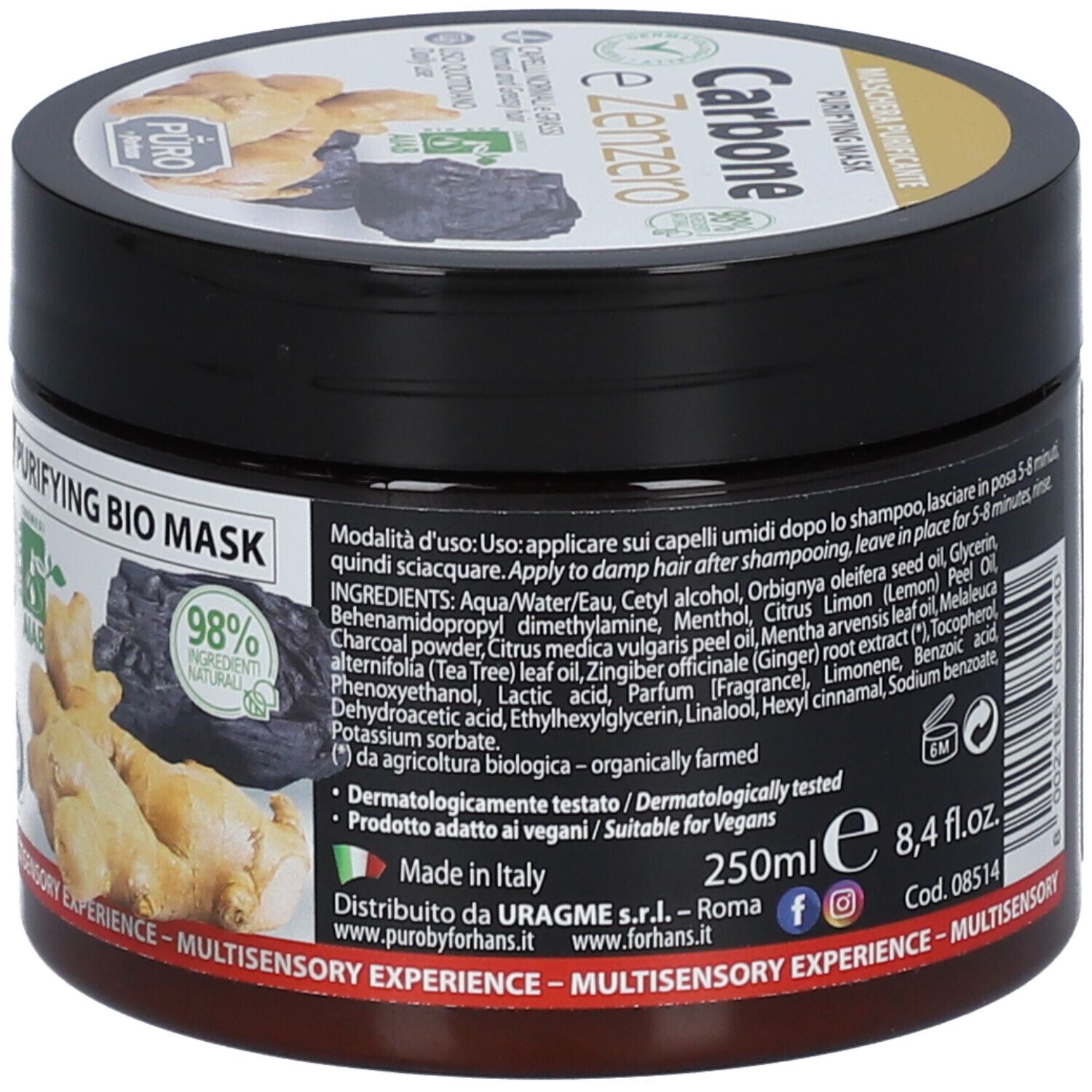 Schwarze Dose mit 'Carbone e Zenzero'. '98%' Aufkleber. Inhaltsstoffe und Anwendungshinweise. Text in Italienisch.