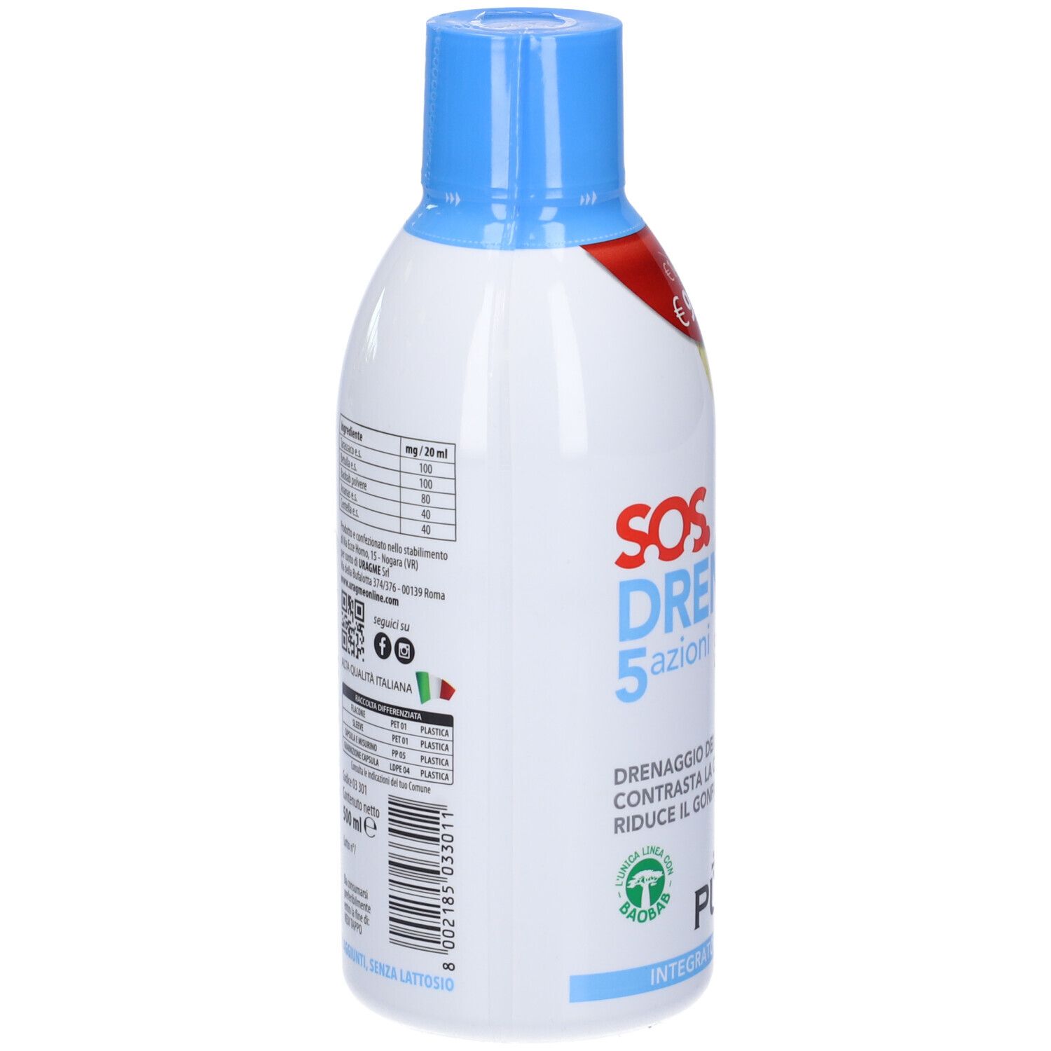 Bottiglia bianca con tappo blu. Scritta: SOS Drenante 5 Azioni. Retro con ingredienti e codice QR.