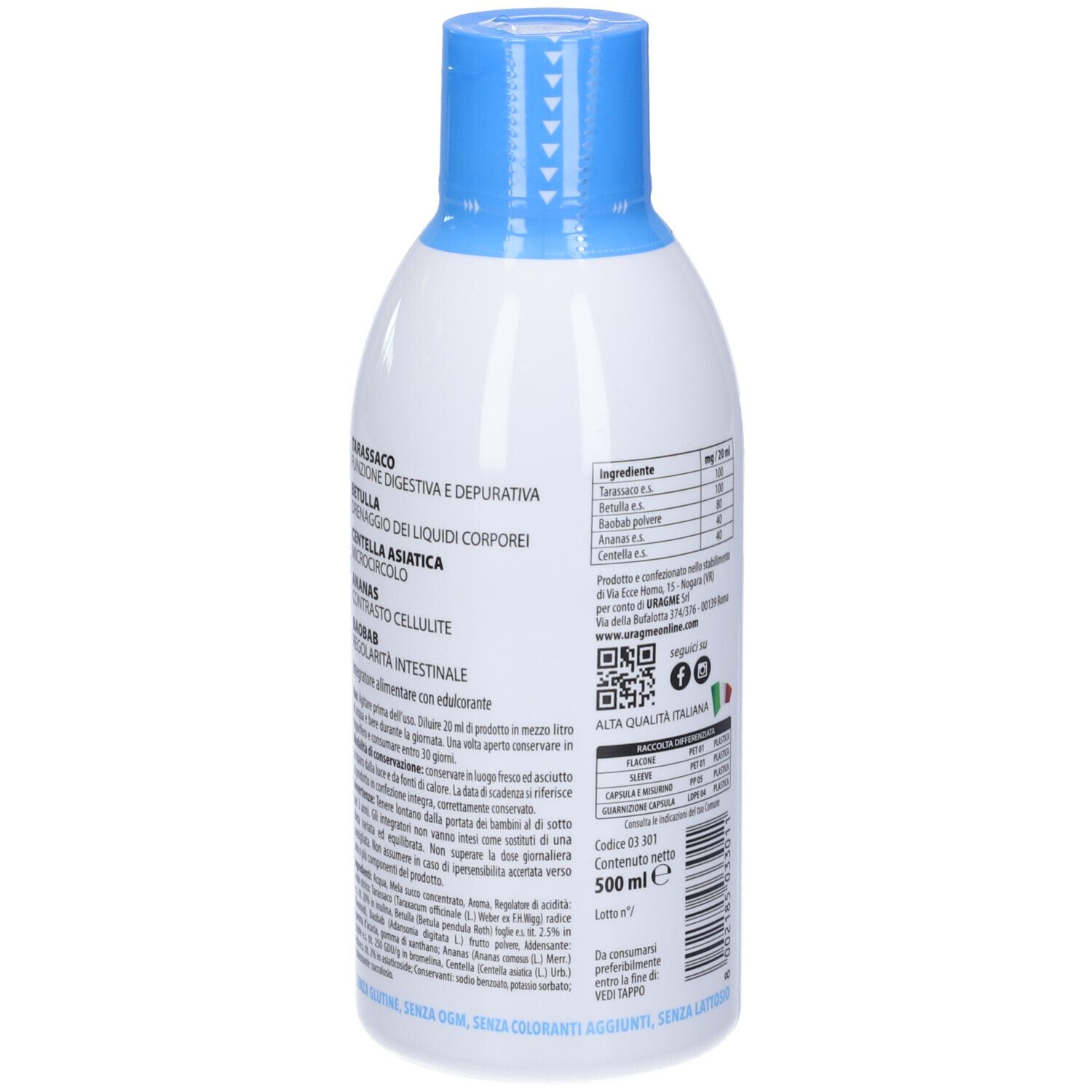 Bottiglia bianca con tappo blu. Retro con ingredienti, codice QR e testo. Scritta: 500 ml.