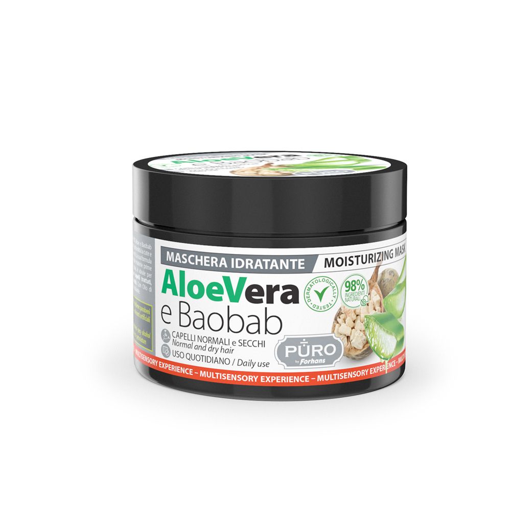 Vaso nero con scritta Aloe Vera e Baobab. Coperchio con foglie verdi. Scritta: Maschera Idratante, 98% naturale.