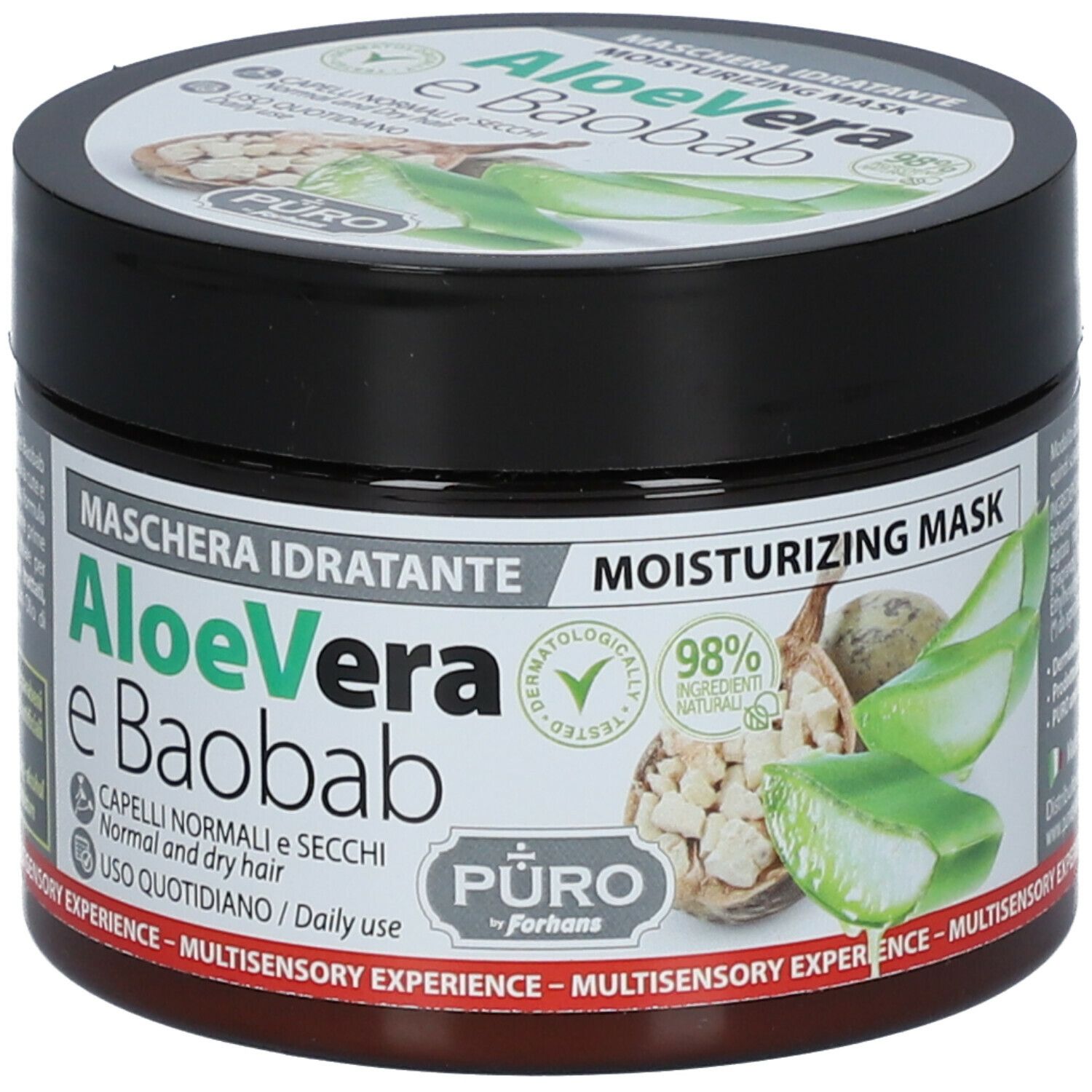 Vaso nero con scritta Aloe Vera e Baobab. Coperchio con foglie verdi. Scritta: Maschera Idratante, 98% naturale.