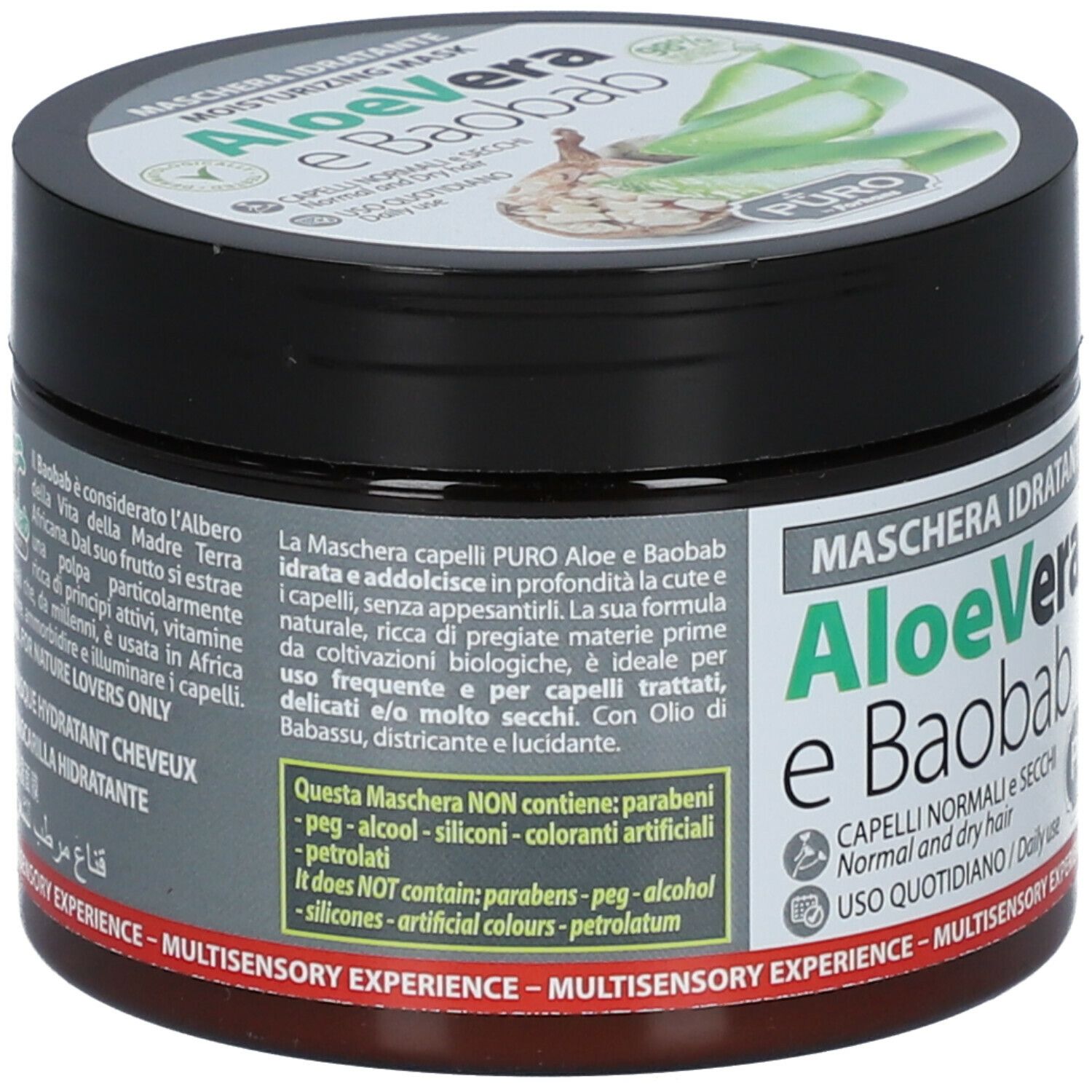 Vaso nero con scritta Aloe Vera e Baobab. Testo: Maschera Idratante. Non contiene parabeni, peg-alcool, siliconi, coloranti.