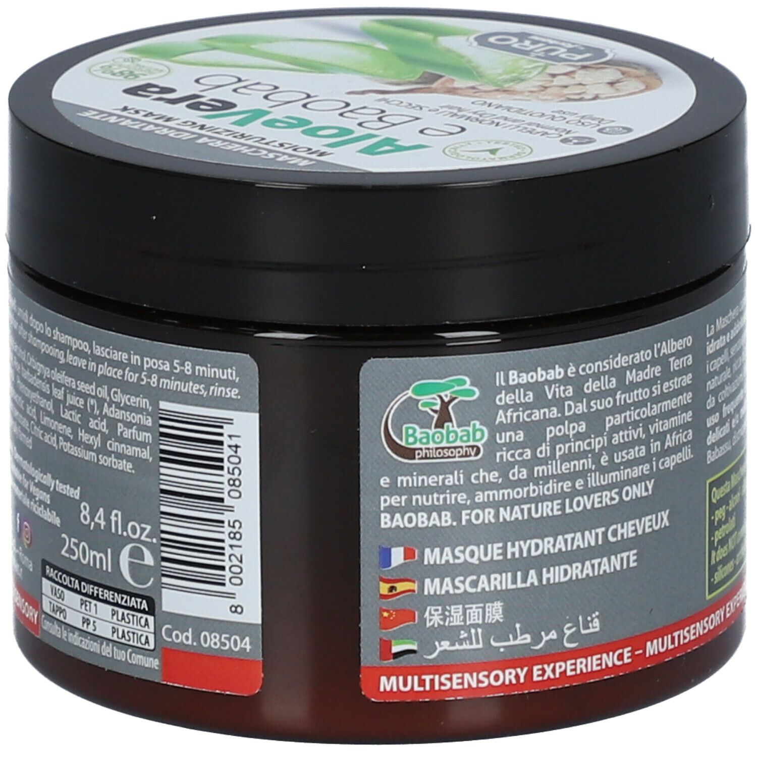 Vaso nero con scritta Aloe Vera e Baobab. Retro con testo. Contiene Baobab. Per amanti della natura. 250ml. Masque Hydratant Cheveux.