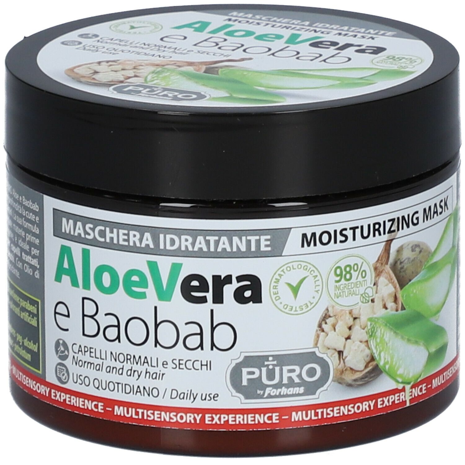 Vaso nero con scritta Aloe Vera e Baobab. Coperchio con foglie verdi. Scritta: Maschera Idratante, 98% naturale.