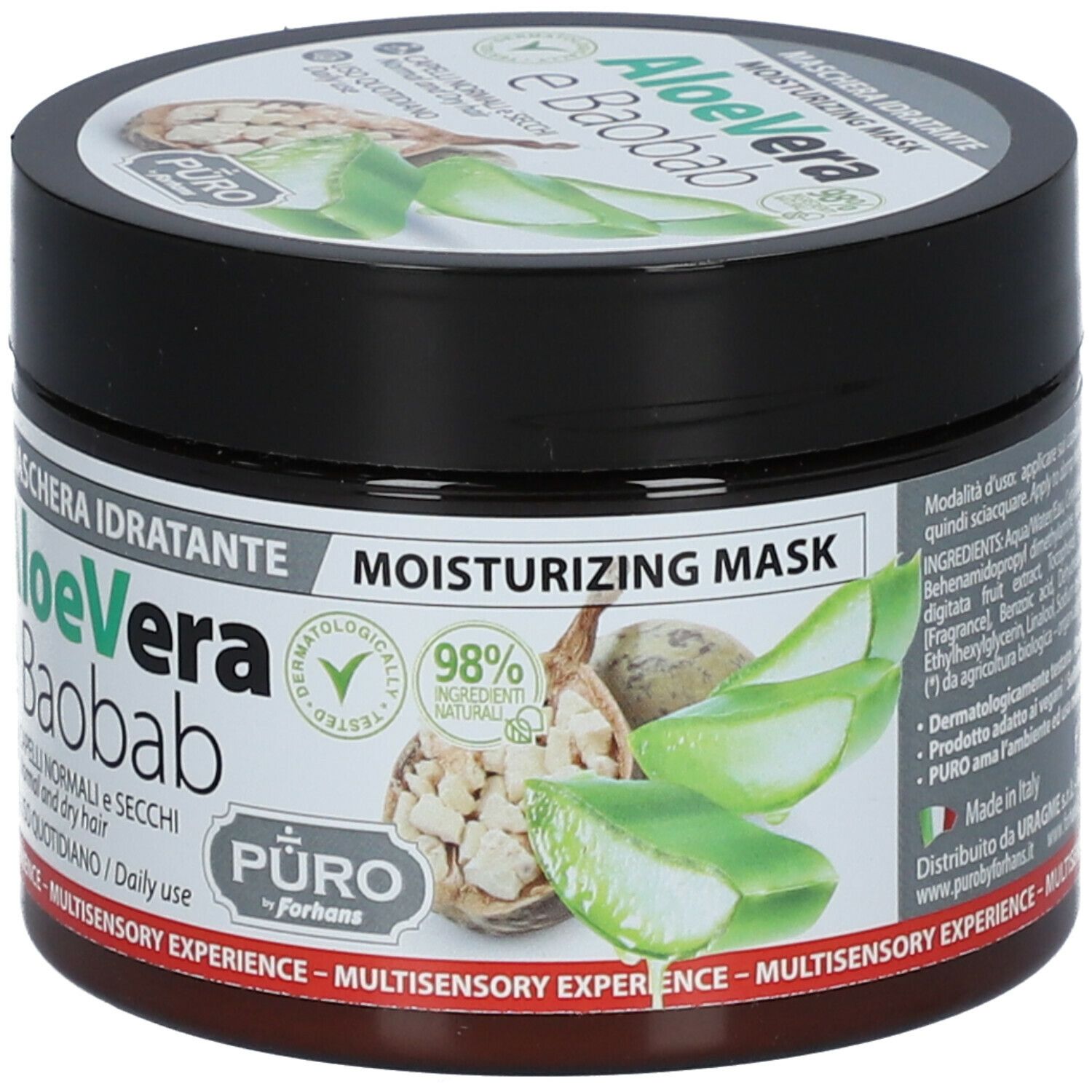 Vaso nero con scritta Aloe Vera e Baobab. Coperchio con foglie verdi. Scritta: Maschera Idratante, 98% naturale.