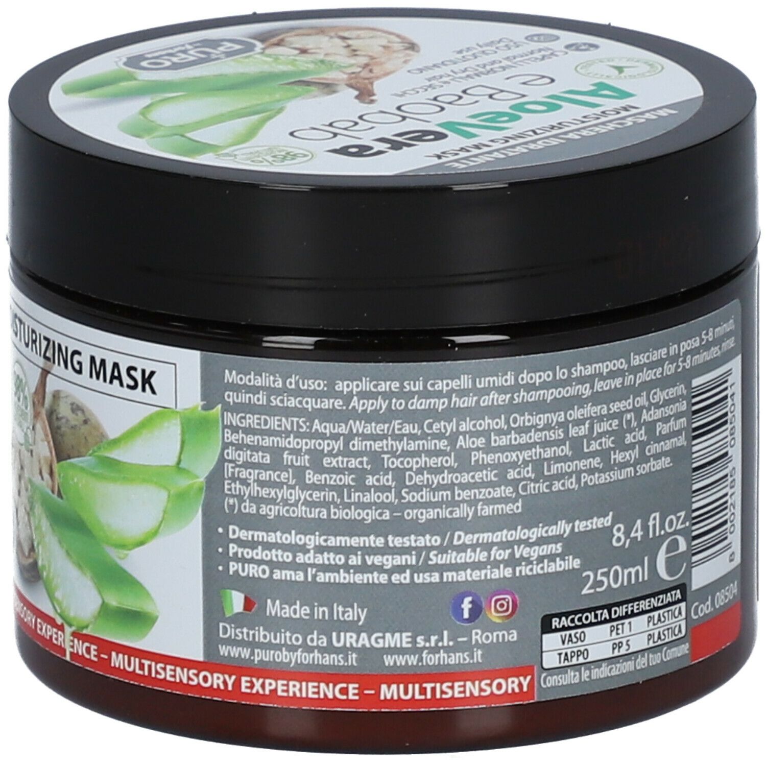 Vaso nero con scritta Aloe Vera e Baobab. Scritta: Maschera Idratante, 250ml. Ingredienti. Prodotto in Italia.