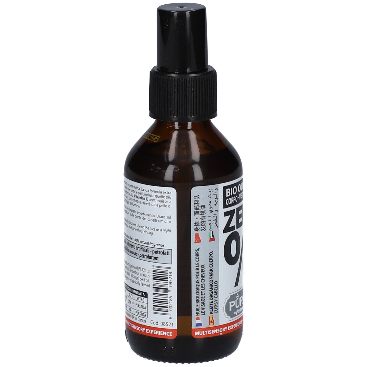 Braune Glasflasche mit schwarzem Sprühkopf. Etikett mit Text: ZERO SENZA, BIO OLIO, PURO.