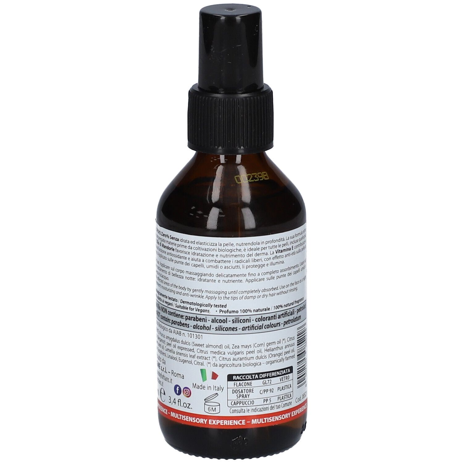 Braune Glasflasche mit schwarzem Sprühkopf. Etikett mit Text: ZERO SENZA, BIO OLIO, PURO.