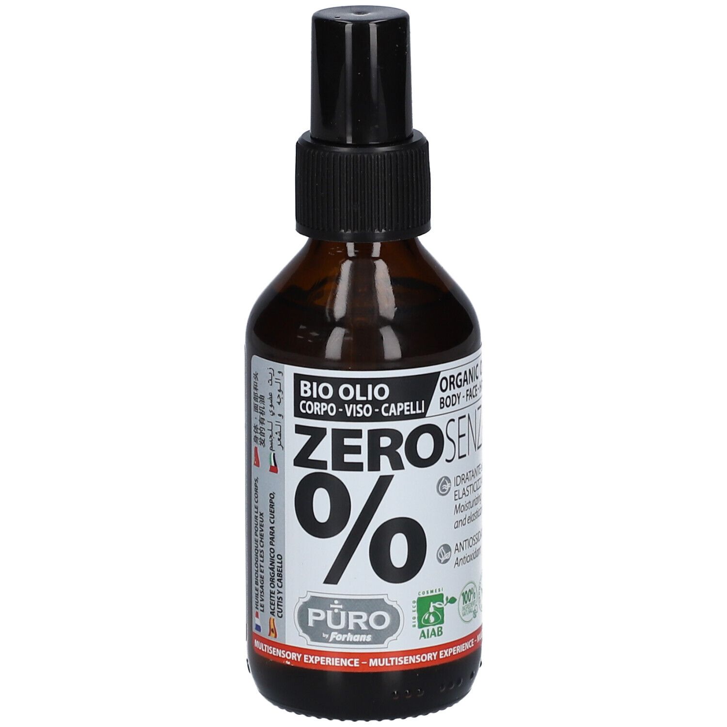 Braune Glasflasche mit schwarzem Sprühkopf. Etikett mit Text: ZERO SENZA, BIO OLIO, PURO.