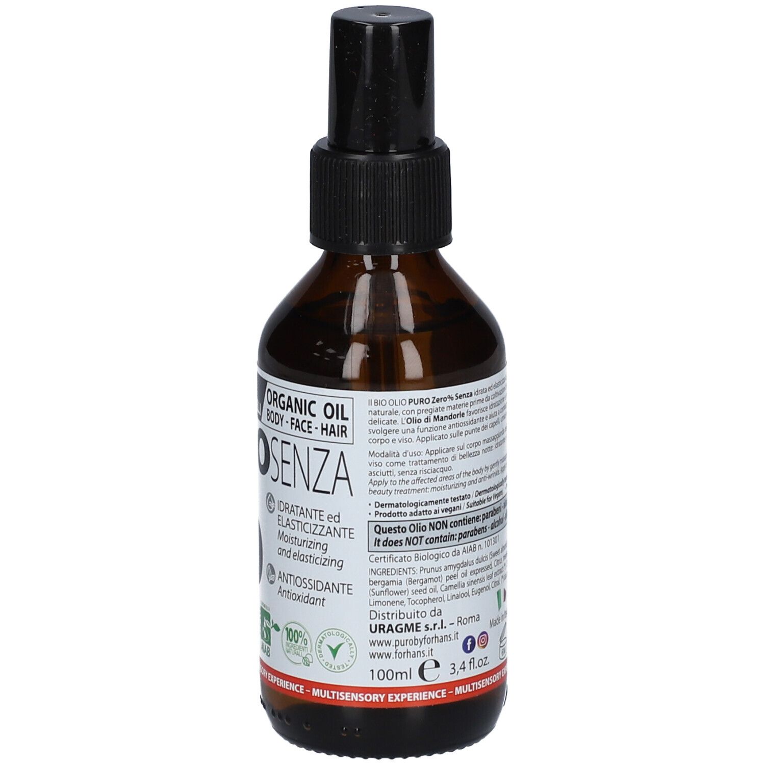 Braune Glasflasche mit schwarzem Sprühkopf. Etikett mit Text: ZERO SENZA, BIO OLIO, PURO.