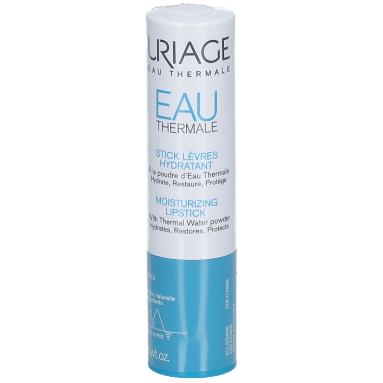 Stick labbra idratante Uriage, confezione bianca e blu. Contiene acqua termale. 4g.