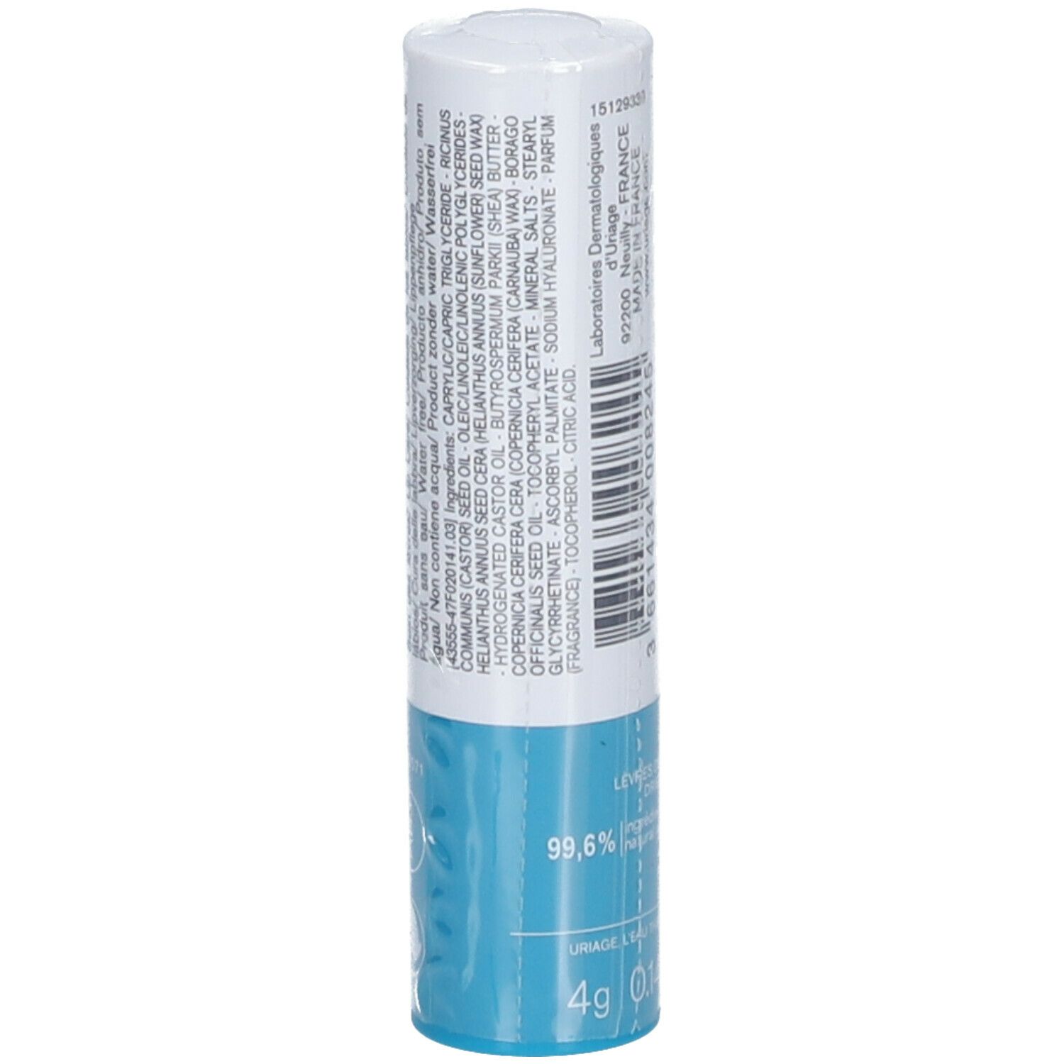 Retro dello stick labbra. Ingredienti, informazioni produttore e simbolo di riciclo.