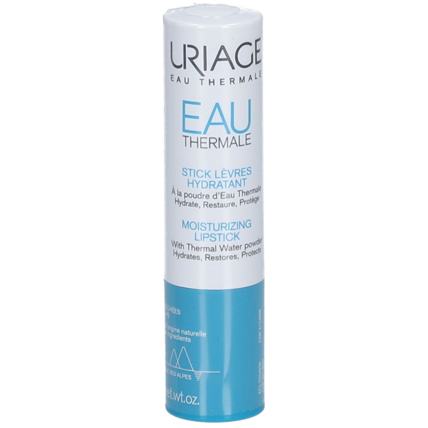 Stick labbra idratante Uriage, confezione bianca e blu. Contiene acqua termale. 4g.