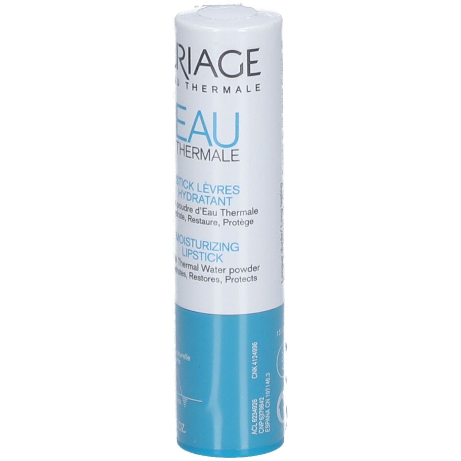 Stick labbra idratante Uriage, confezione bianca e blu. Contiene acqua termale. 4g.