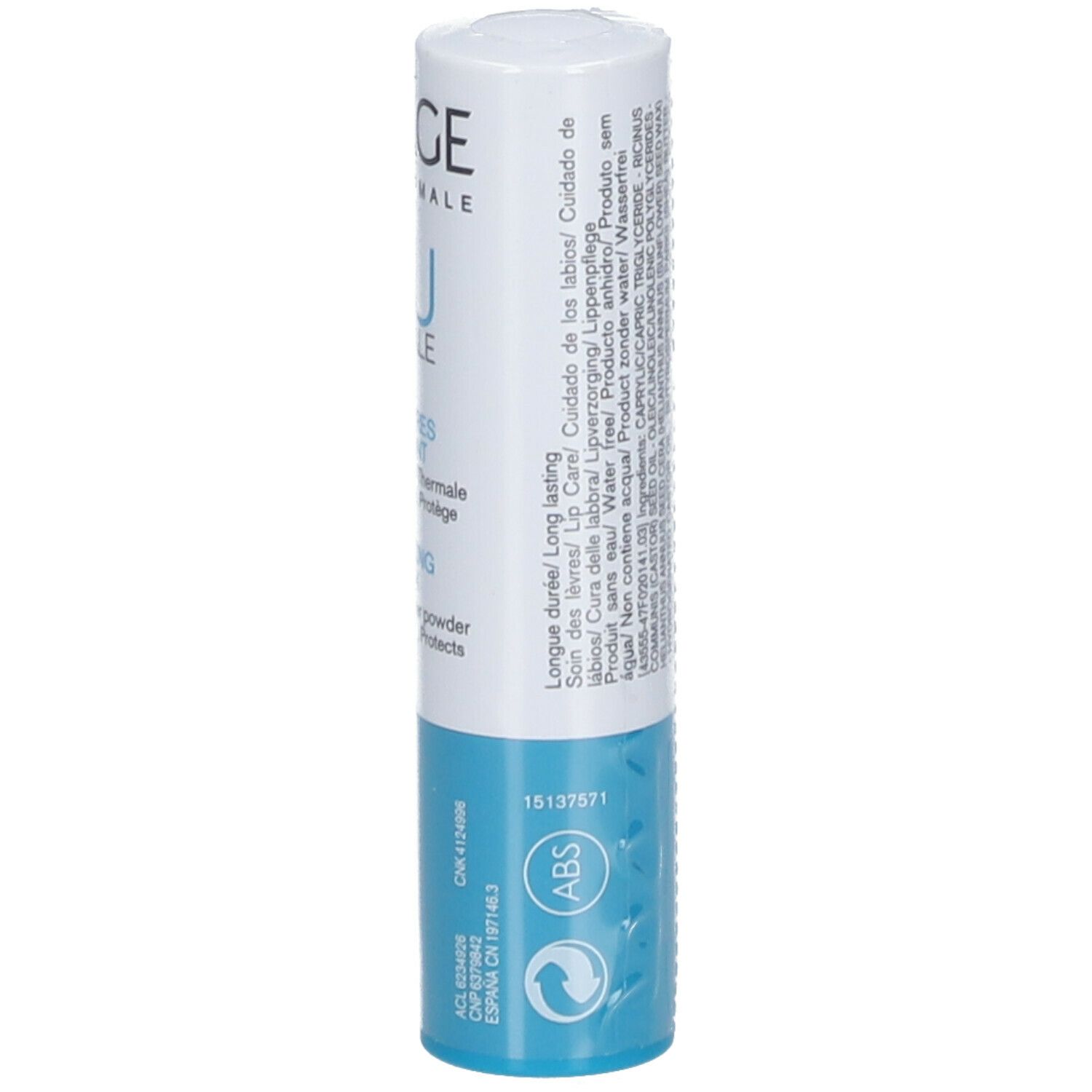 Retro dello stick labbra. Ingredienti, informazioni produttore e simbolo di riciclo.