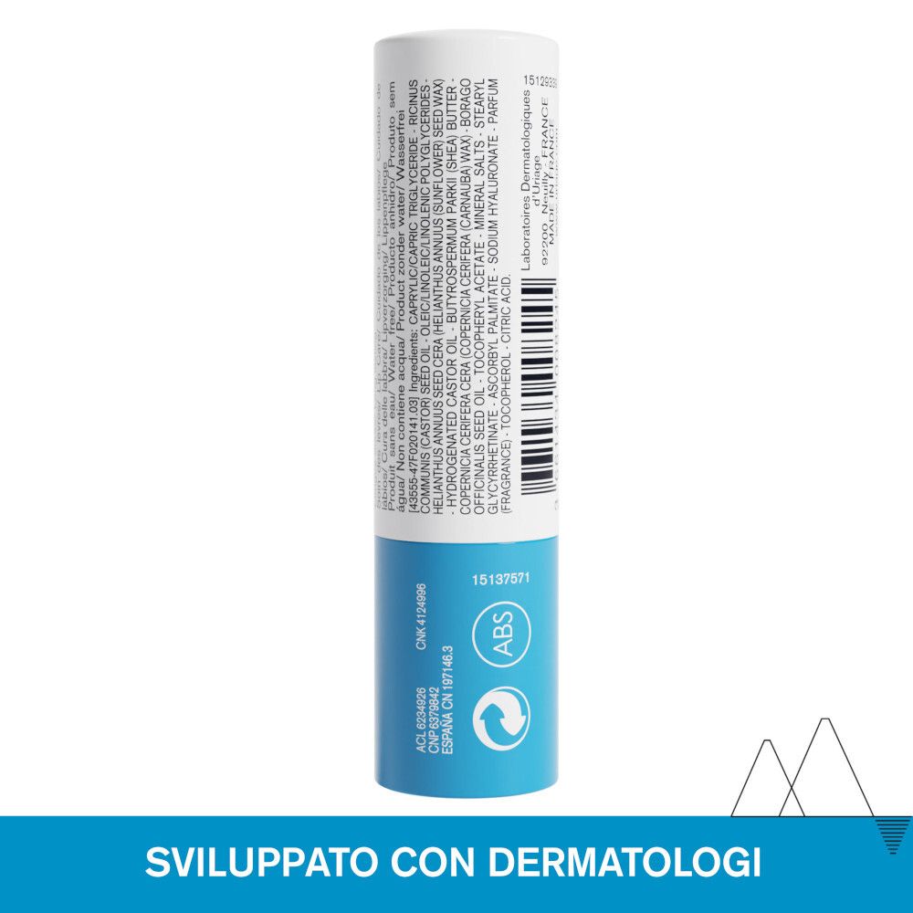Retro dello stick labbra. Ingredienti, informazioni produttore e simbolo di riciclo.