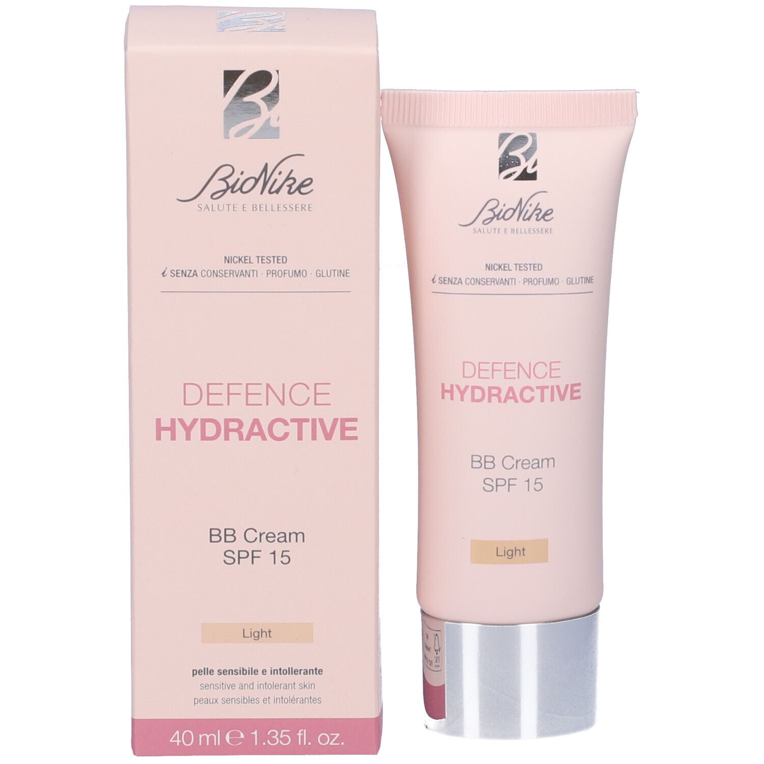 Produkt und Verpackung. Rosa Tube und Schachtel. Aufschrift: BioNike, Defence Hydractive BB Cream SPF 15, Light.