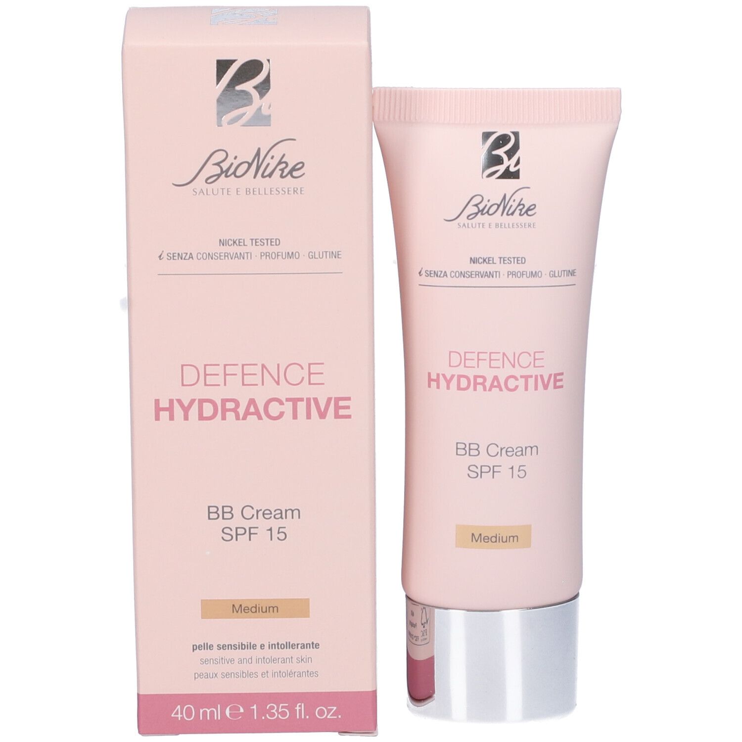 Produkt und Verpackung. Rosa Tube und Schachtel. Aufschrift: Defence Hydractive BB Cream SPF 15 Medium. Marke BioNike.