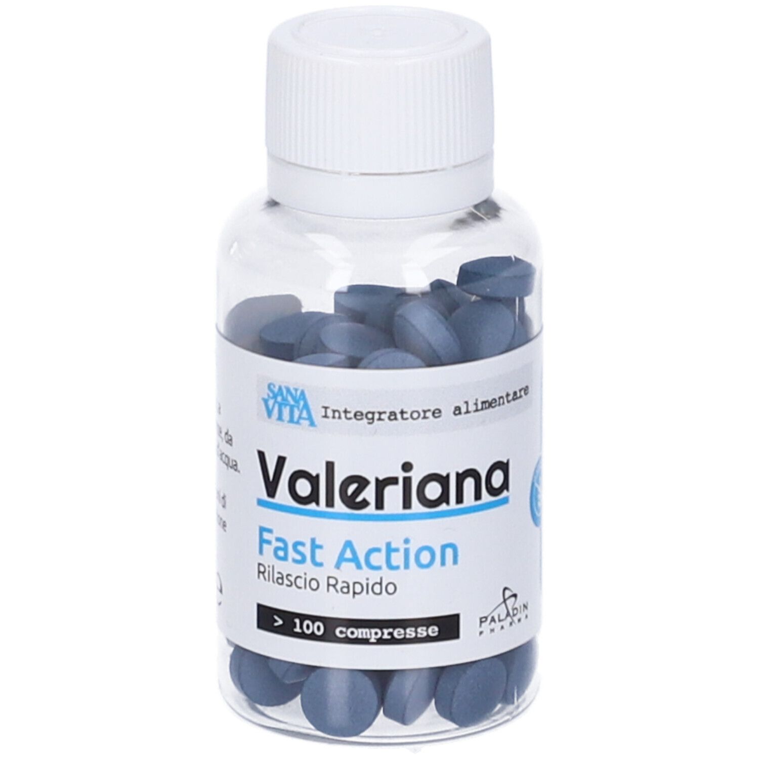 Flacone trasparente con compresse blu. Etichetta 'Valeriana Fast Action' e 'SANAVITA'. Più di 100 compresse.