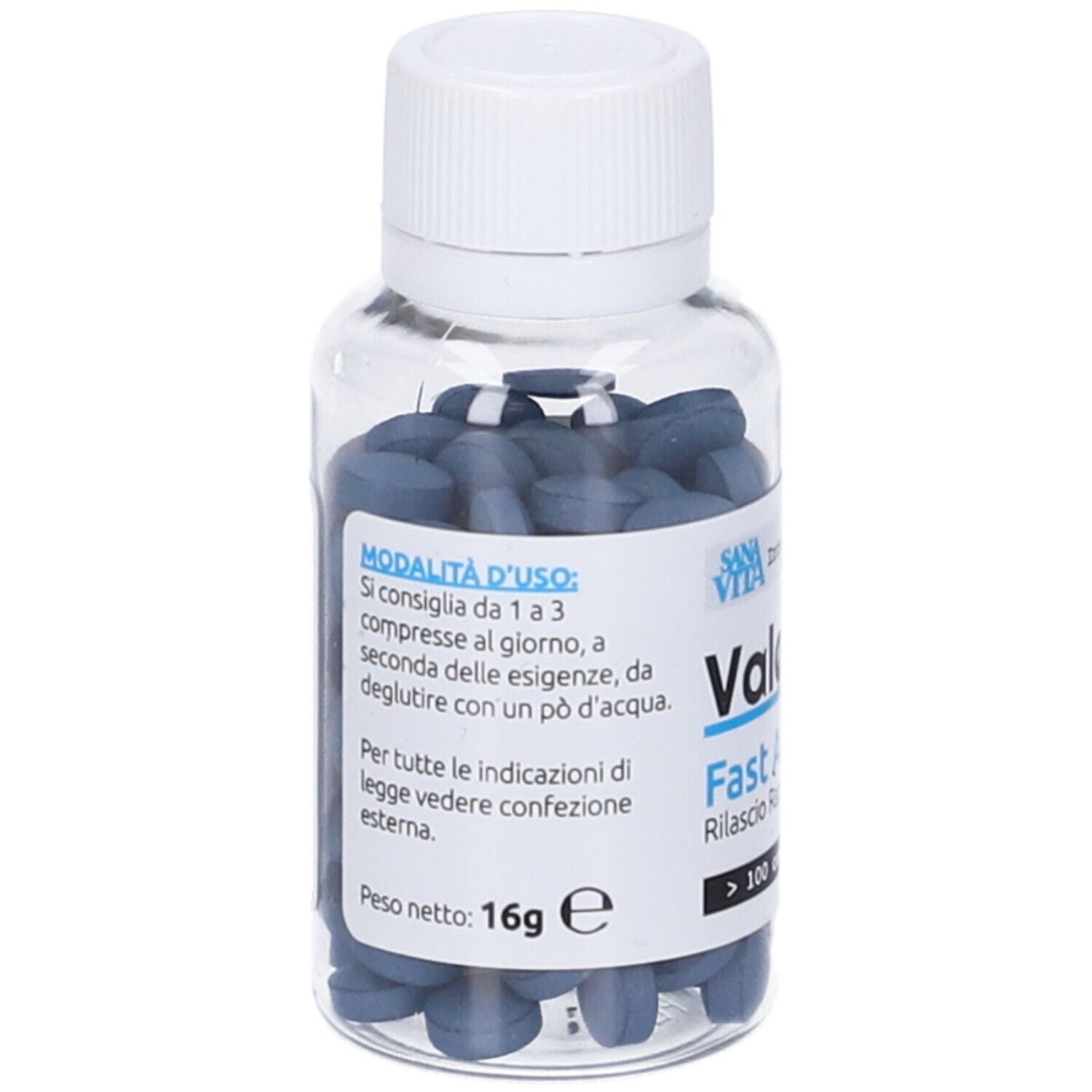 Flacone trasparente con compresse blu. Etichetta 'Valeriana Fast Action' e 'SANAVITA'. Peso netto: 16g.
