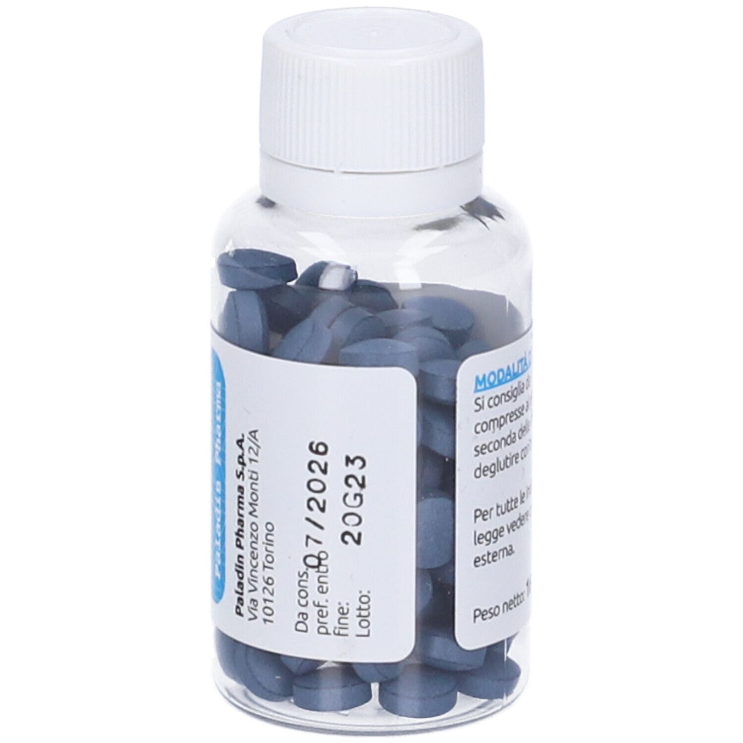Flacone trasparente con compresse blu. Etichetta 'Valeriana Fast Action' e 'SANAVITA'. Data di scadenza.