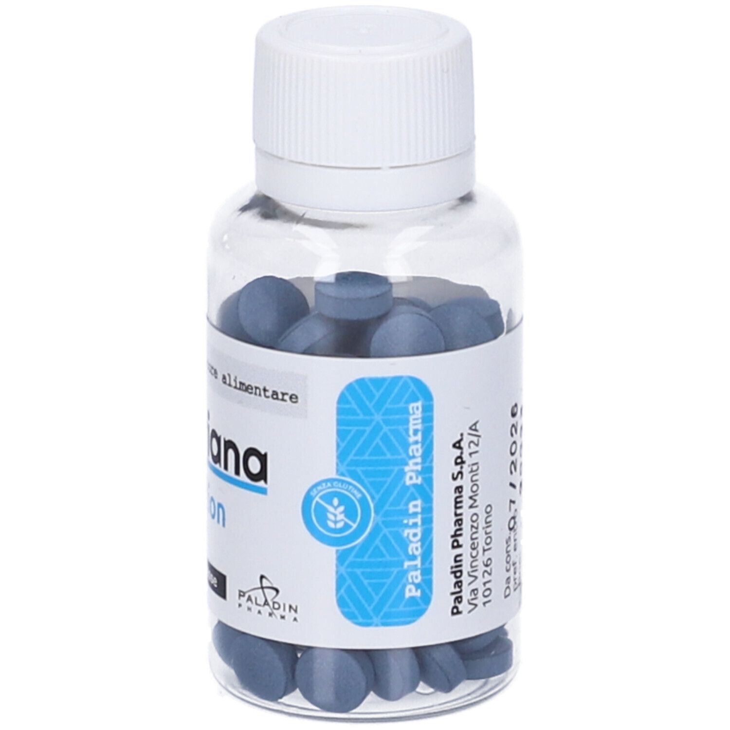 Flacone trasparente con compresse blu. Etichetta 'Valeriana Fast Action' e 'SANAVITA'. Simbolo senza glutine.