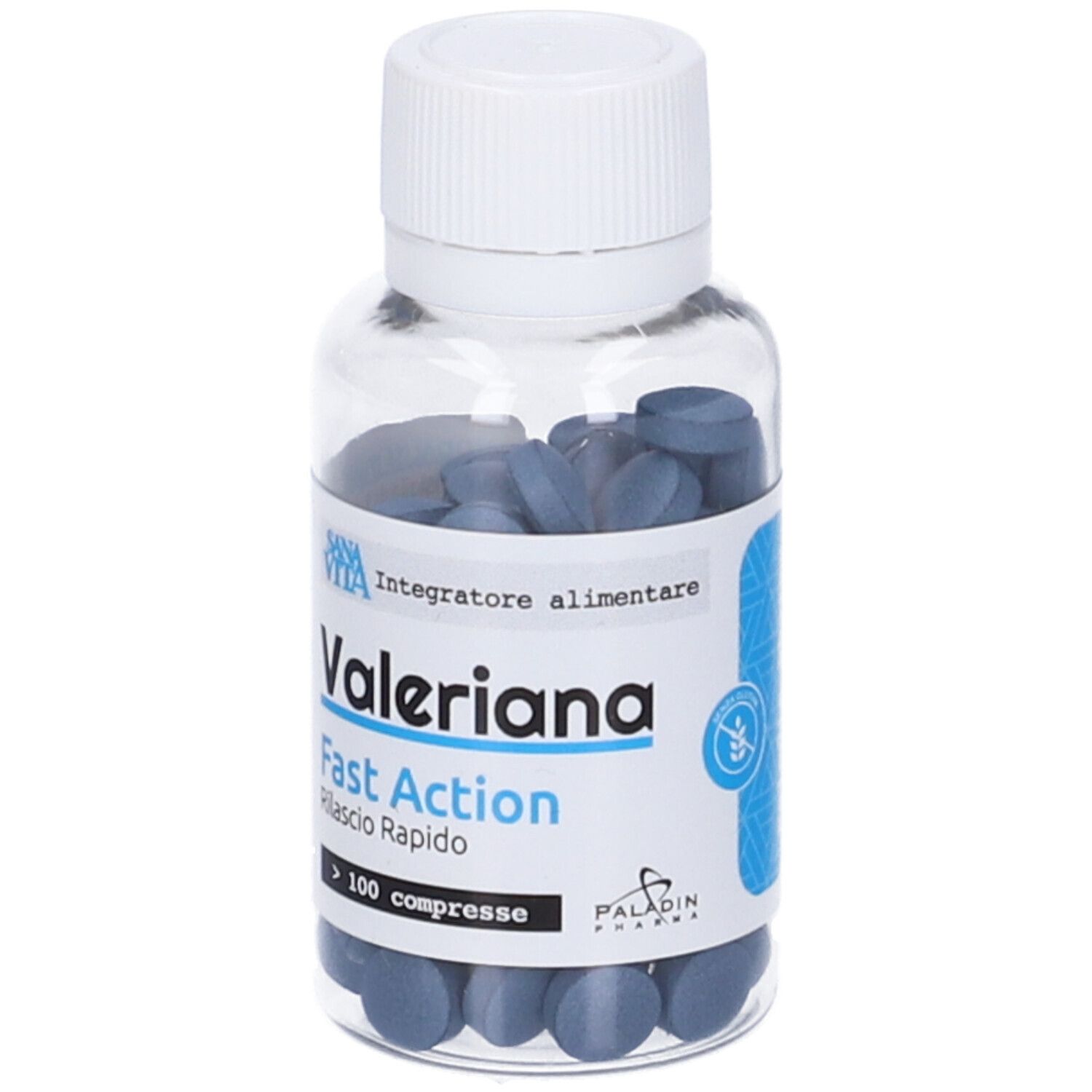 Flacone trasparente con compresse blu. Etichetta 'Valeriana Fast Action' e 'SANAVITA'. Più di 100 compresse.
