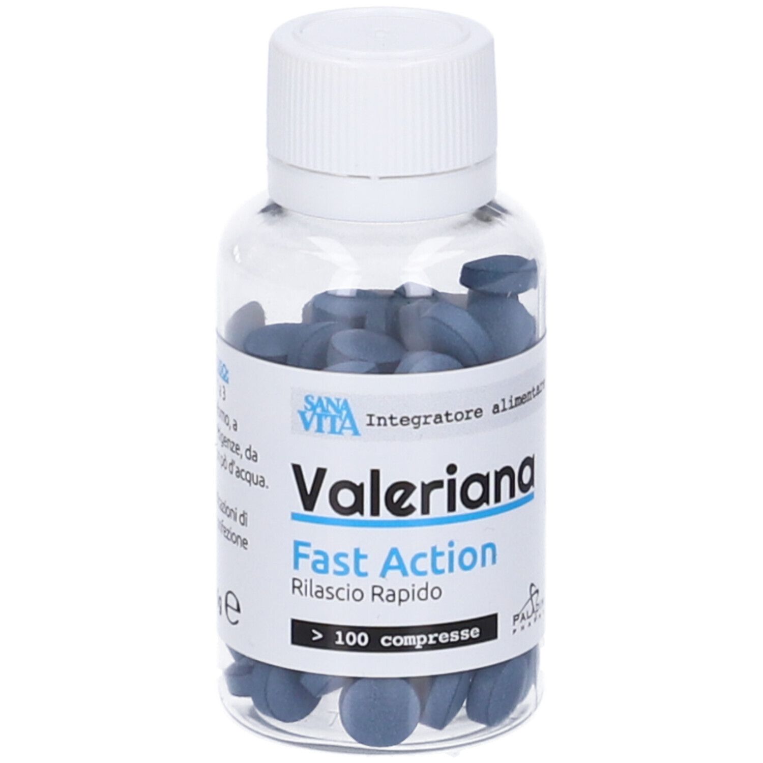 Flacone trasparente con compresse blu. Etichetta 'Valeriana Fast Action' e 'SANAVITA'. Più di 100 compresse.