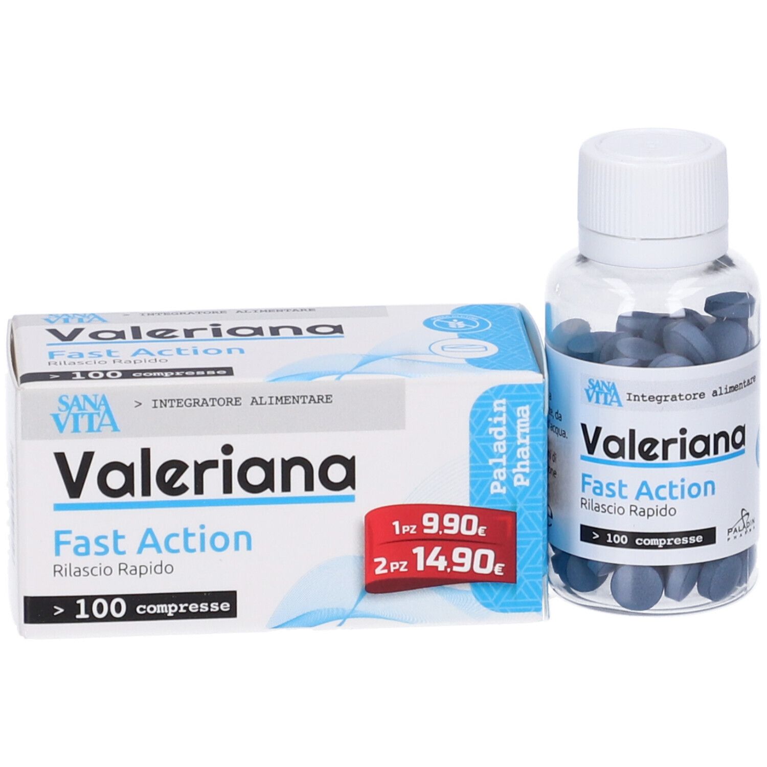 Scatola e flacone con compresse blu. Scritta 'Valeriana Fast Action' e 'SANAVITA'. Più di 100 compresse.
