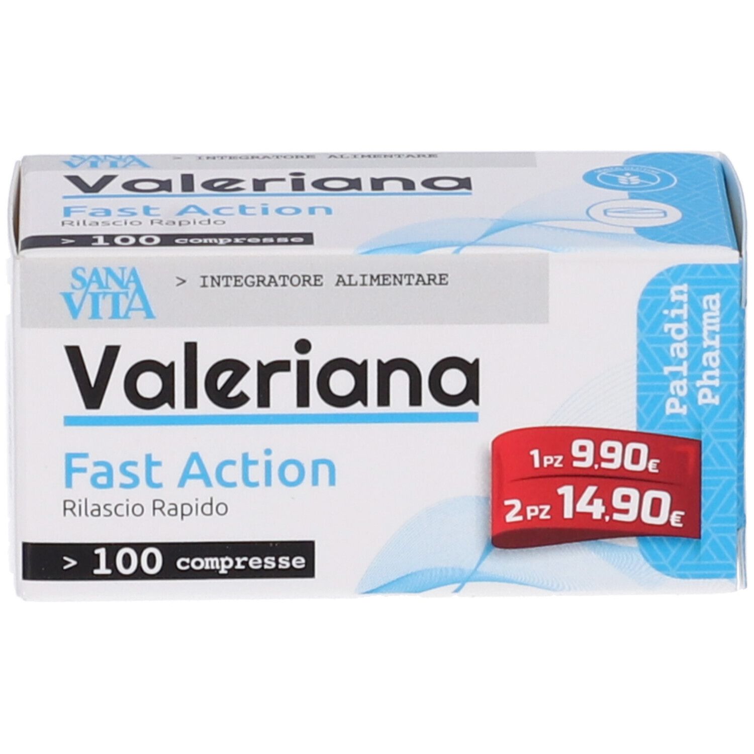 Scatola bianca con 'Valeriana Fast Action' e 'SANAVITA'. Più di 100 compresse. Indicazioni di prezzo.