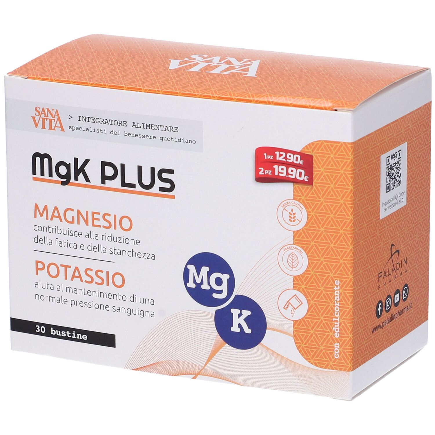Scatola di MgK PLUS. Contiene magnesio e potassio. Coperchio arancione, lati bianchi. 30 bustine.