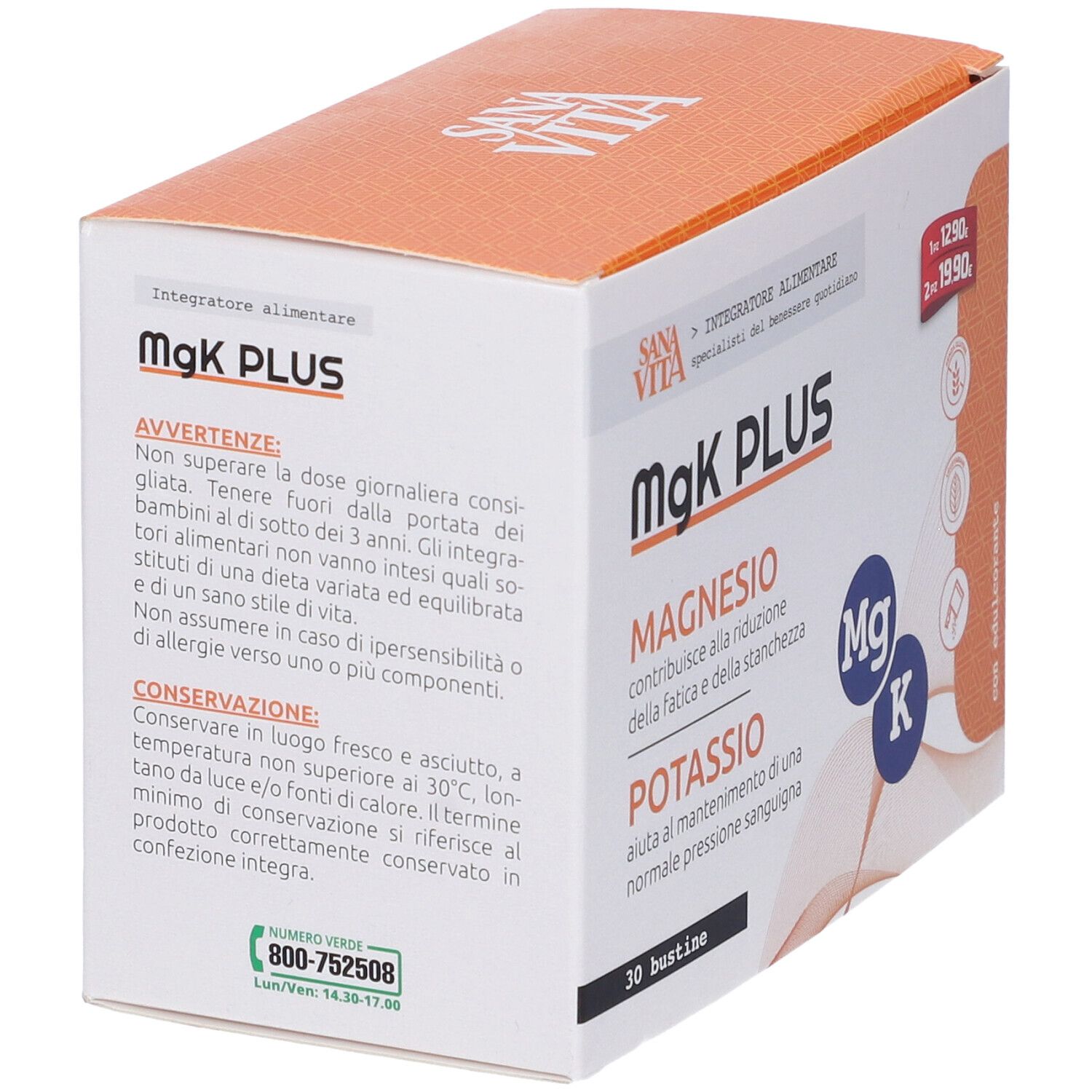 Scatola MgK PLUS. Contiene magnesio e potassio. Lati bianchi con testo. Coperchio arancione. 30 bustine.