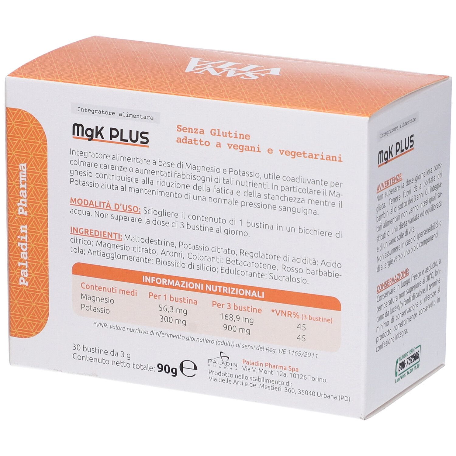 Scatola MgK PLUS. Contiene magnesio e potassio. Lati bianchi con informazioni. Coperchio arancione. 30 bustine.